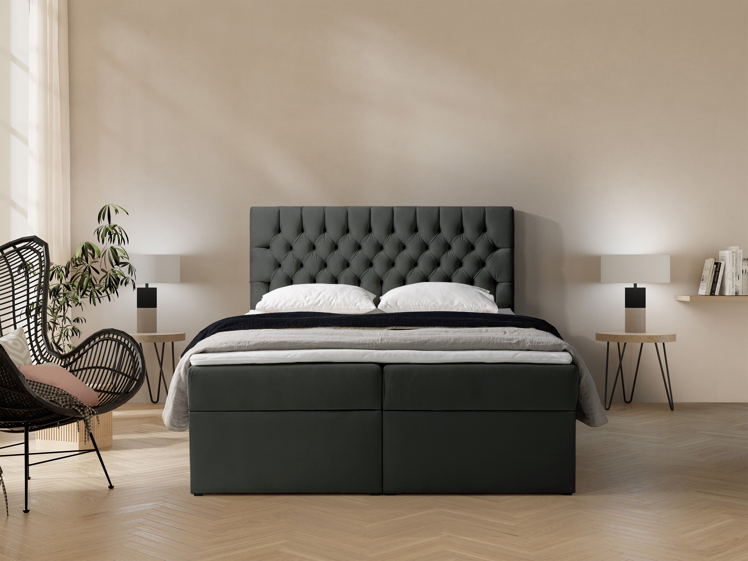 Łóżko kontynentalne 140x200 cm Daissy z pojemnikami i topperem ciemnoszare welur