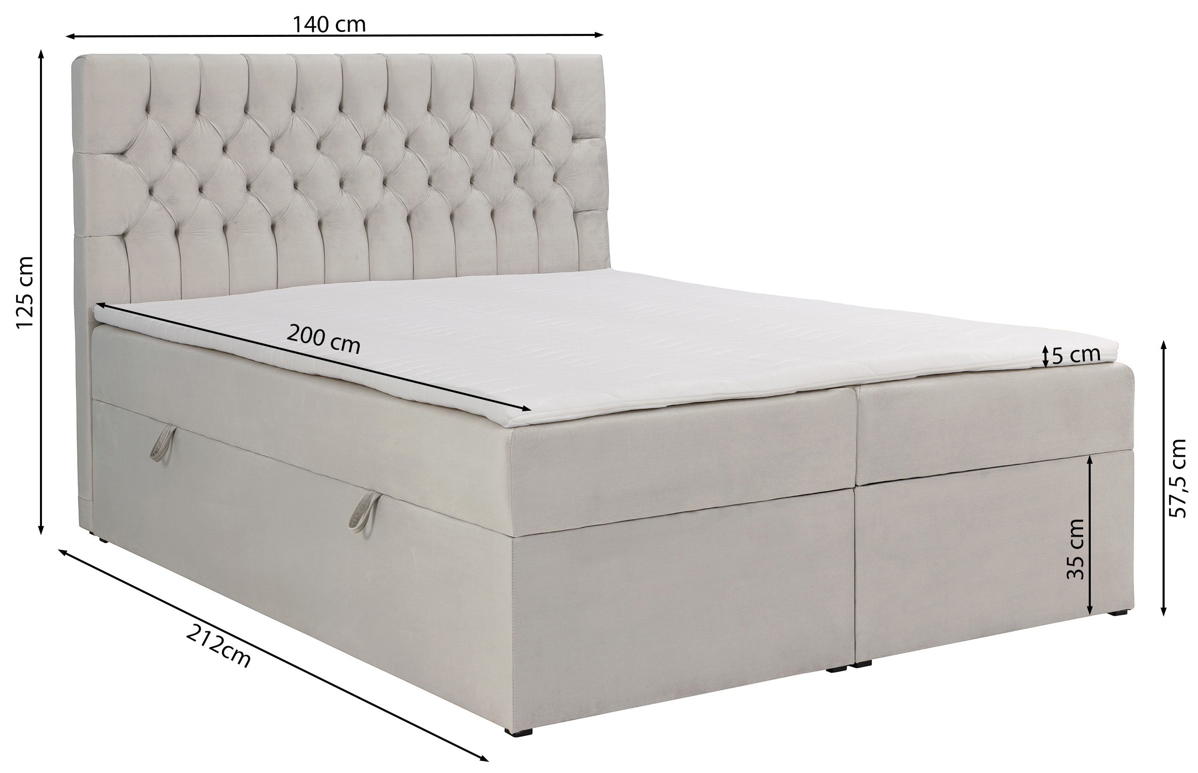 Łóżko kontynentalne 140x200 cm Daissy z pojemnikami i topperem jasnobeżowe welur