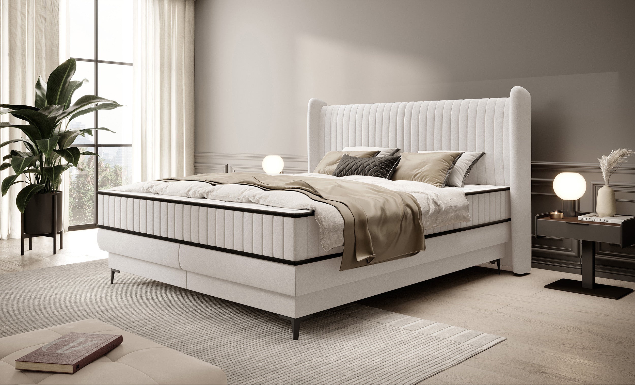 Łóżko kontynentalne 160x200 cm Daliano z pojemnikiem kremowy welur