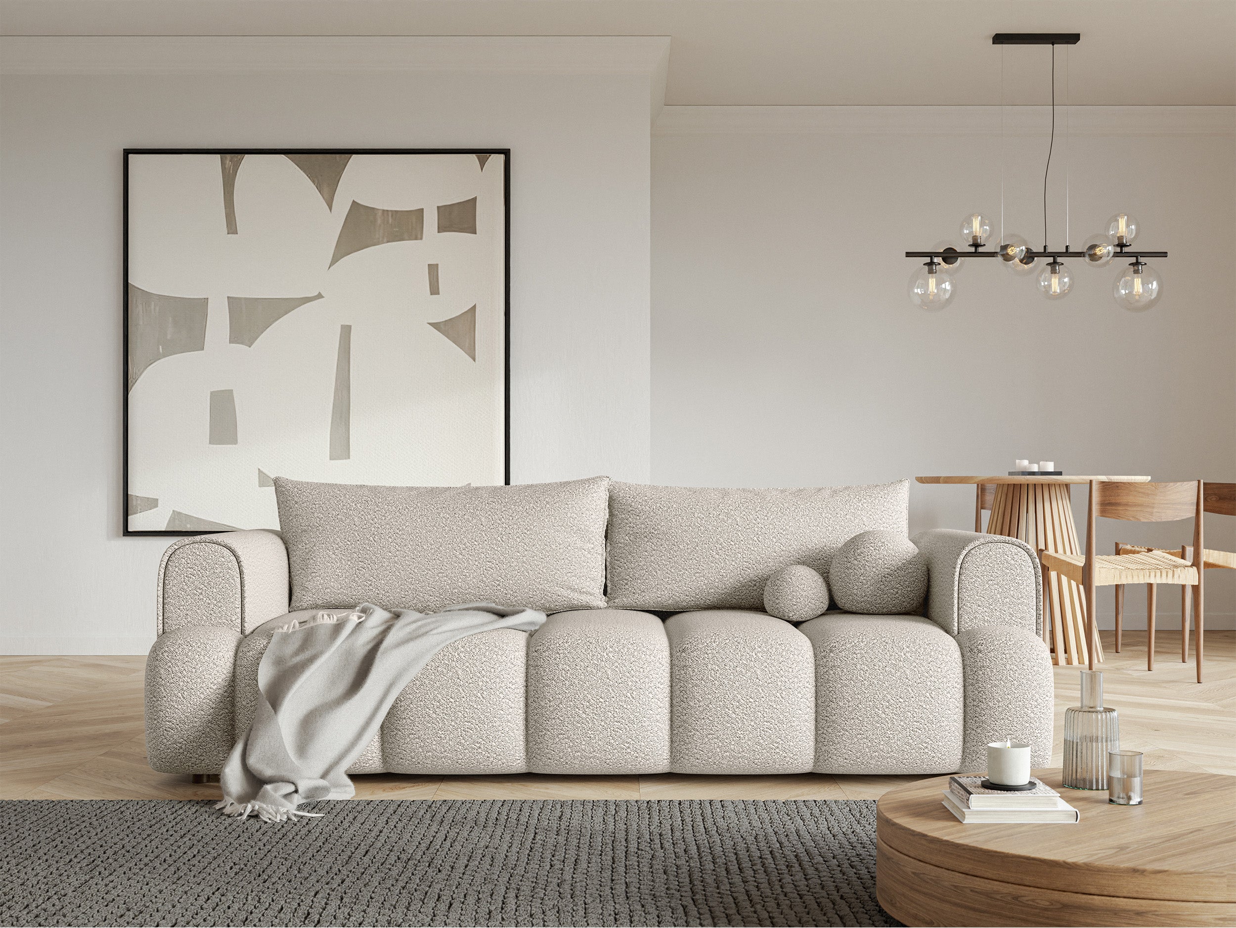 Kanapa trzyosobowa Dandelino z funkcją spania kremowa boucle