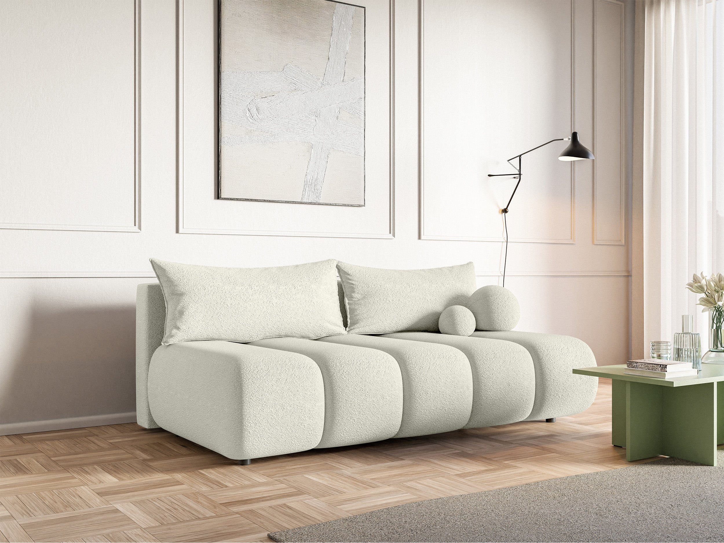 Kanapa trzyosobowa Dandelino Mini z funkcją spania kremowa boucle