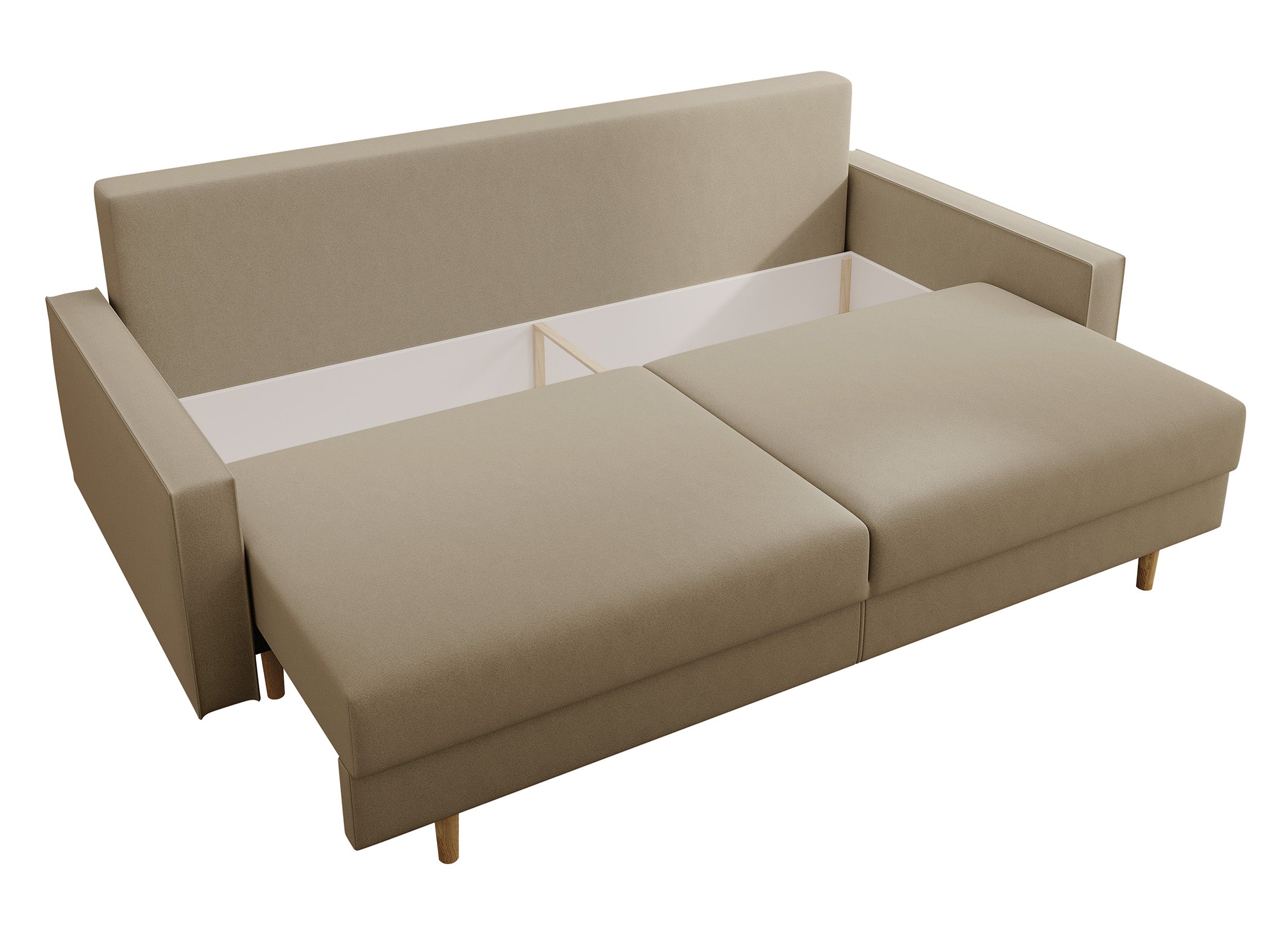 Kanapa rozkładana trzyosobowa Derban z pojemnikiem beżowa welur łatwoczyszcząca