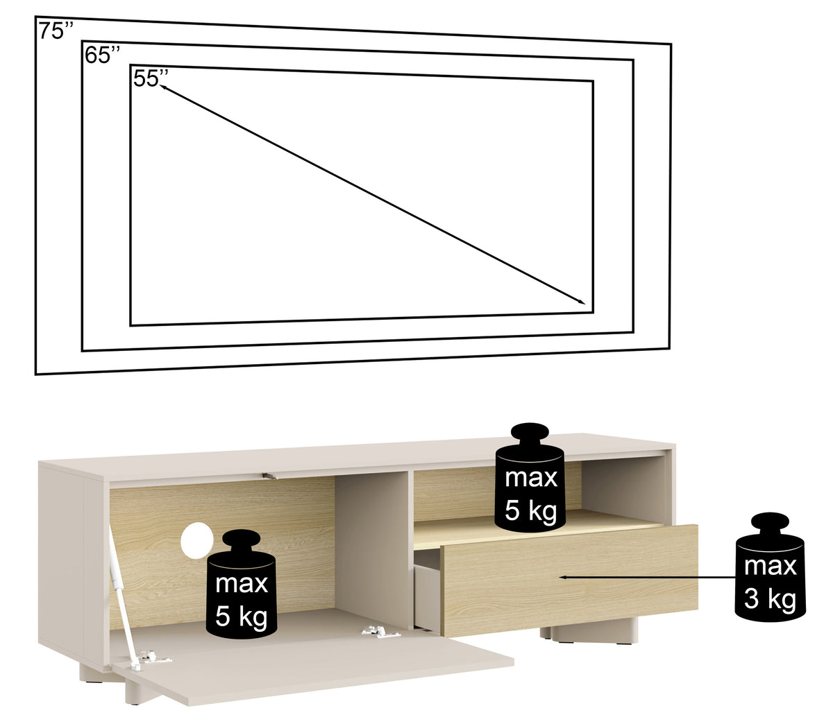 Szafka RTV Distria z szufladą 140 cm - otwieranie push open, materiał płyta meblowa
