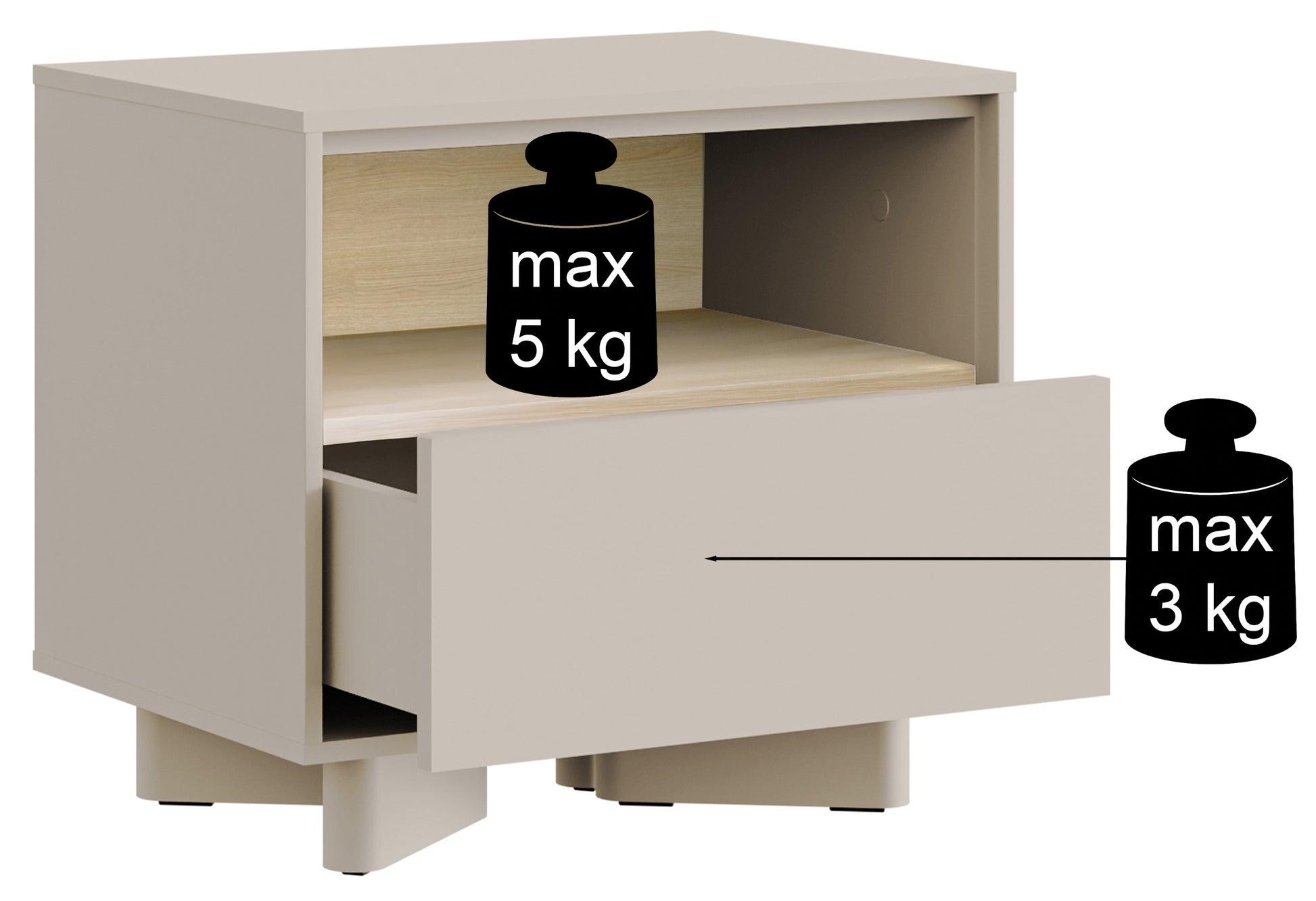 Szafka nocna Distria z szufladą 50 cm kaszmir/dąb vicenza - otwieranie push open, materiał płyta meblowa