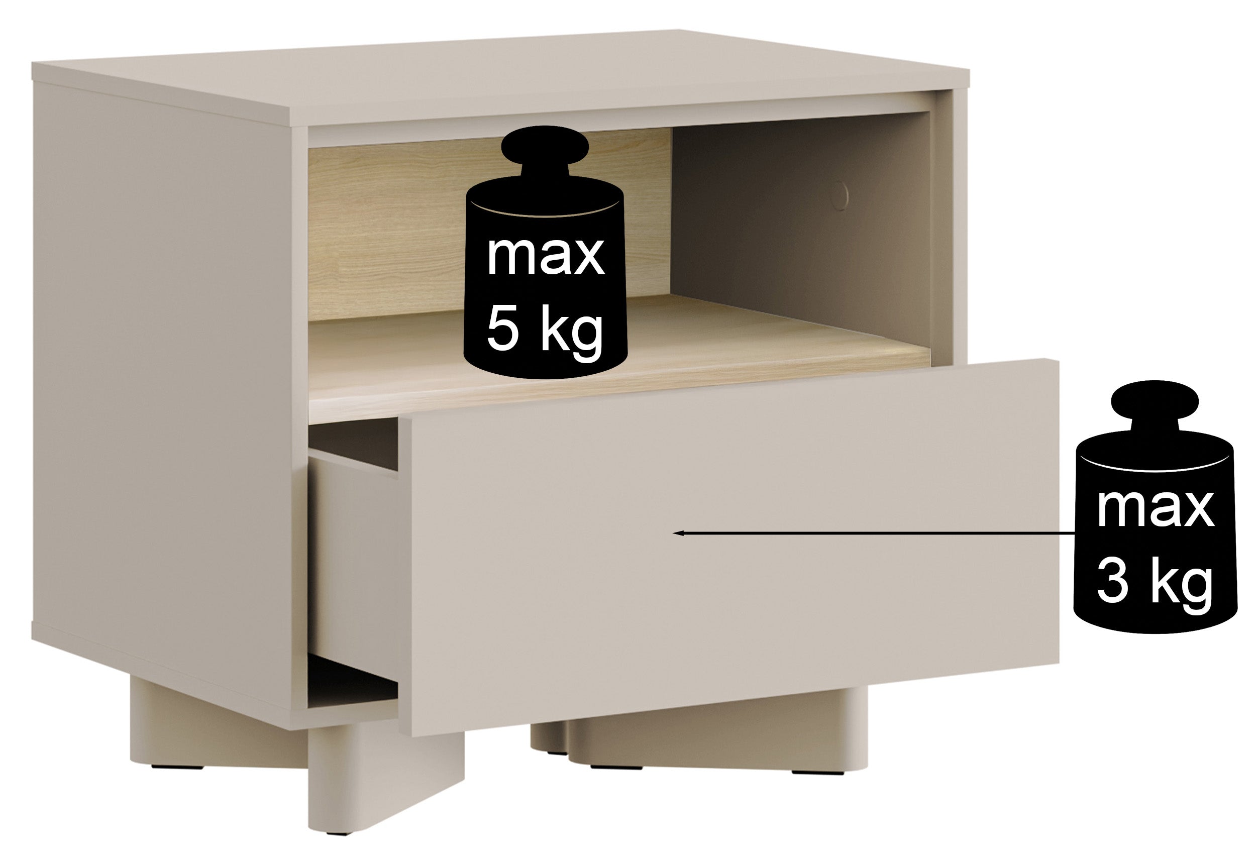 Szafka nocna Distria z szufladą 50 cm kaszmir/dąb vicenza - otwieranie push open, materiał płyta meblowa