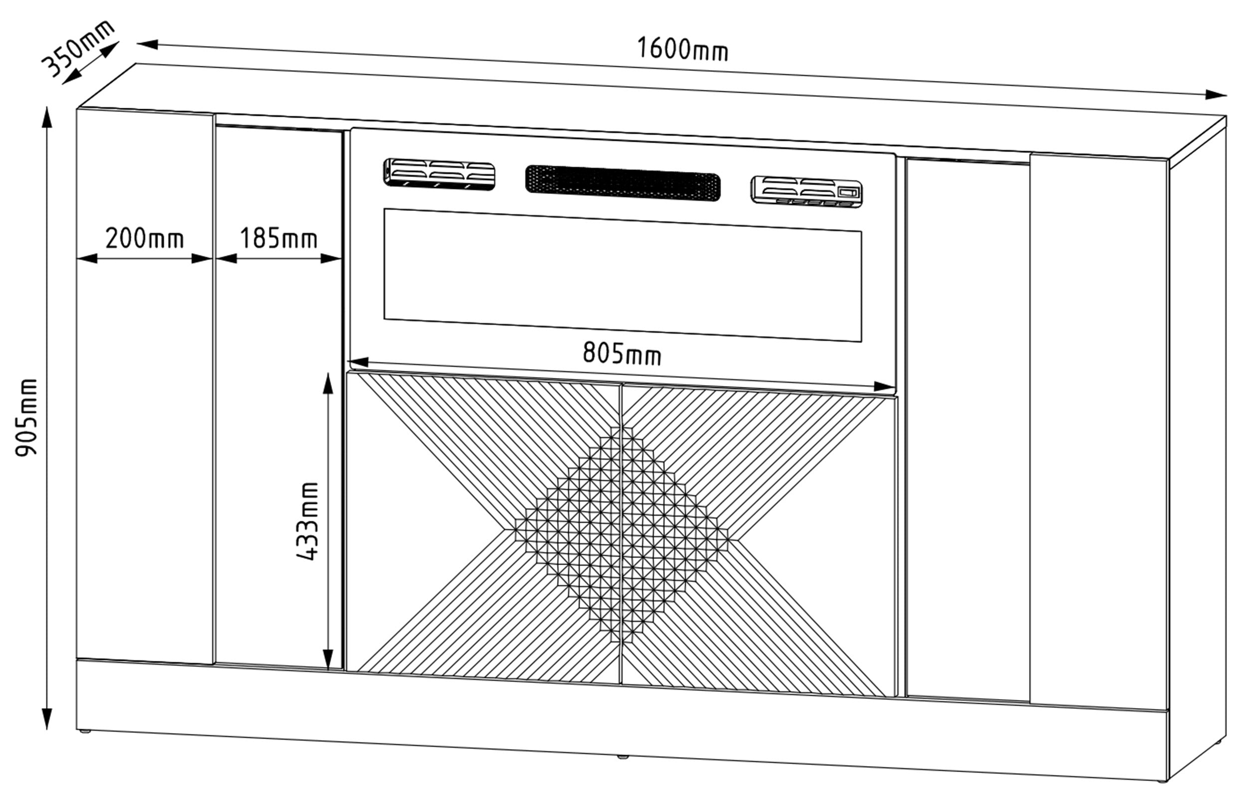 Komoda czterodrzwiowa Darica 160 cm z kominkiem elektrycznym biały mat / biały połysk