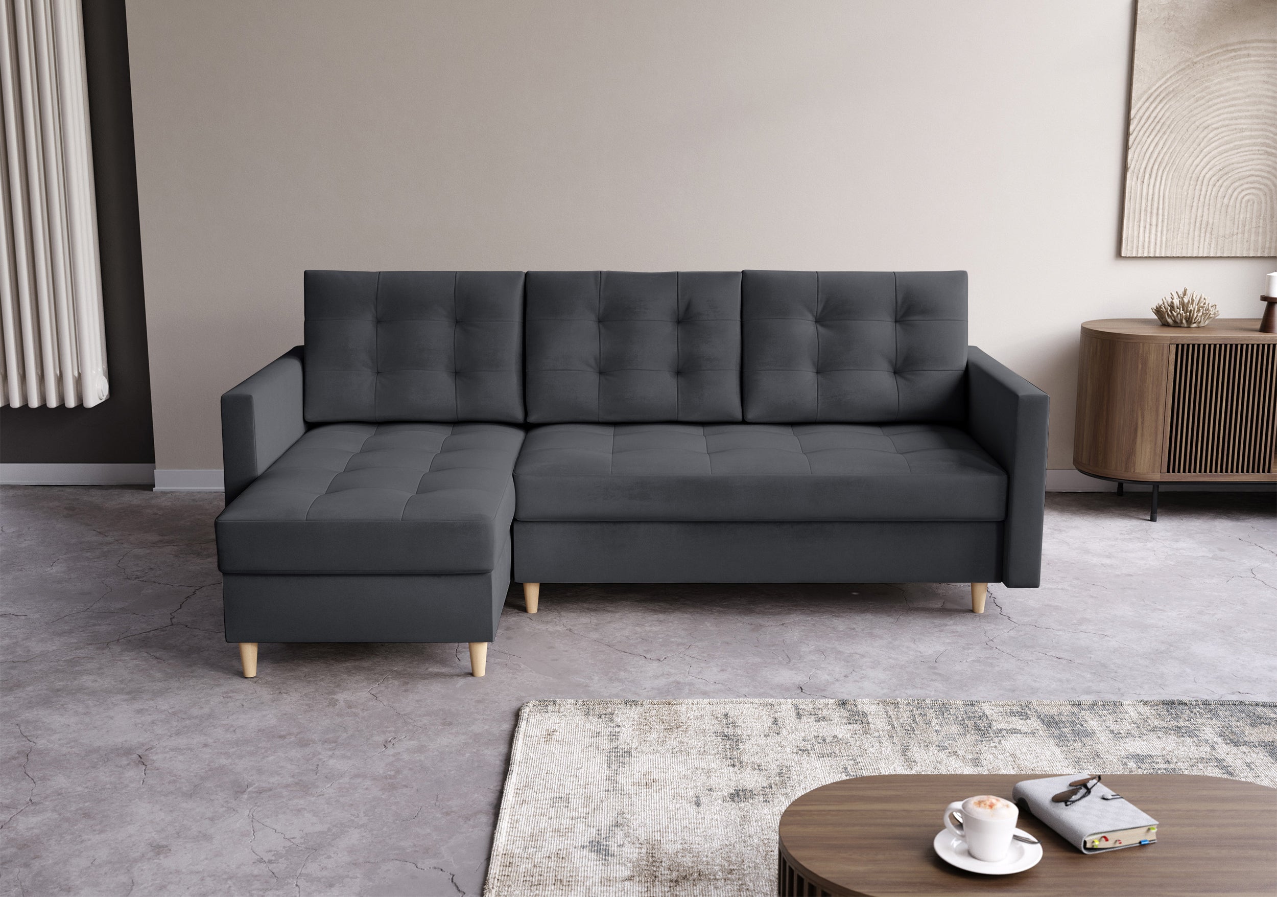 Narożnik z funkcją spania Plauton L-kształtny z pojemnikiem uniwersalny ciemnoszary welur