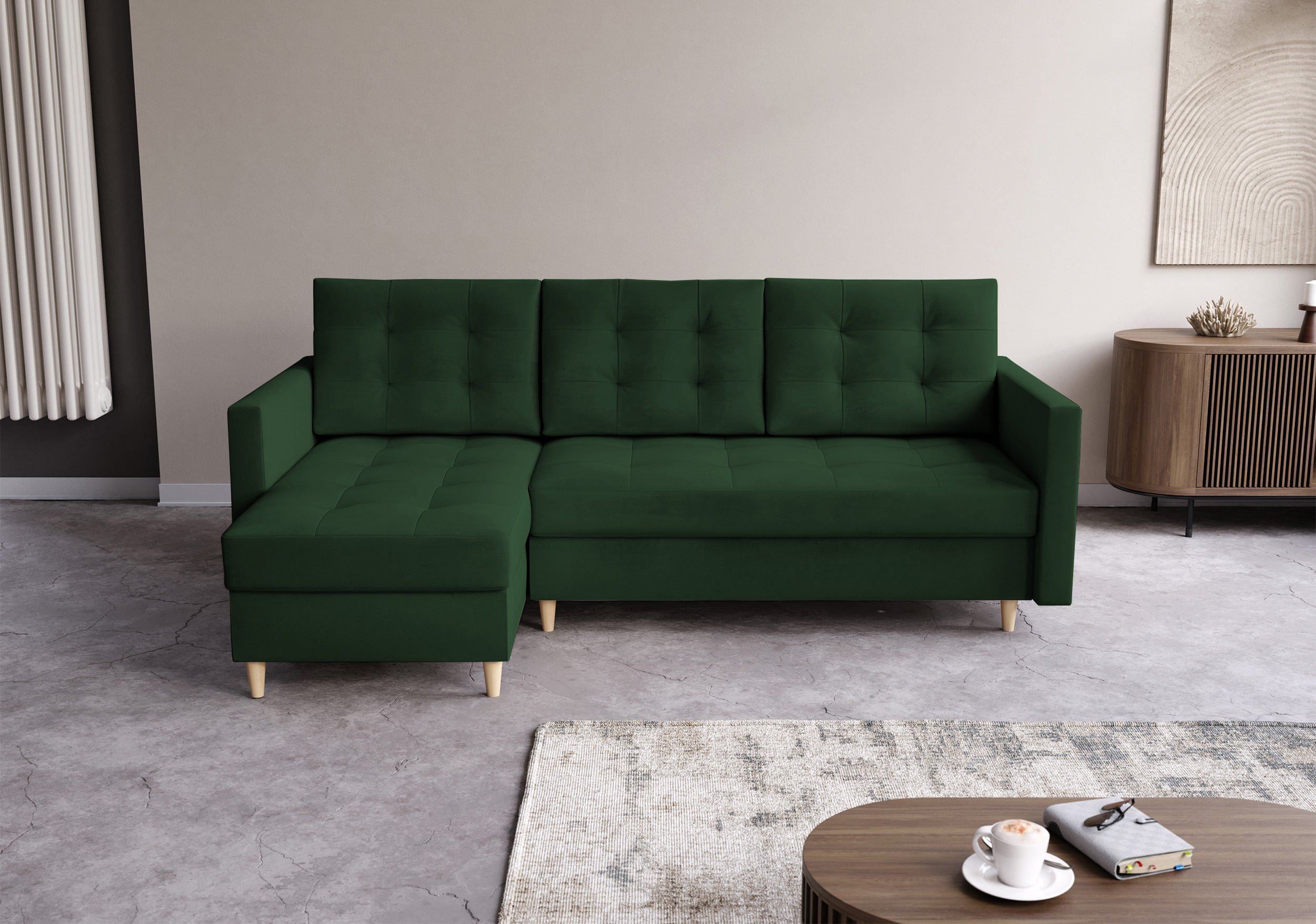 Narożnik z funkcją spania Plauton L-kształtny z pojemnikiem uniwersalny ciemnozielony welur