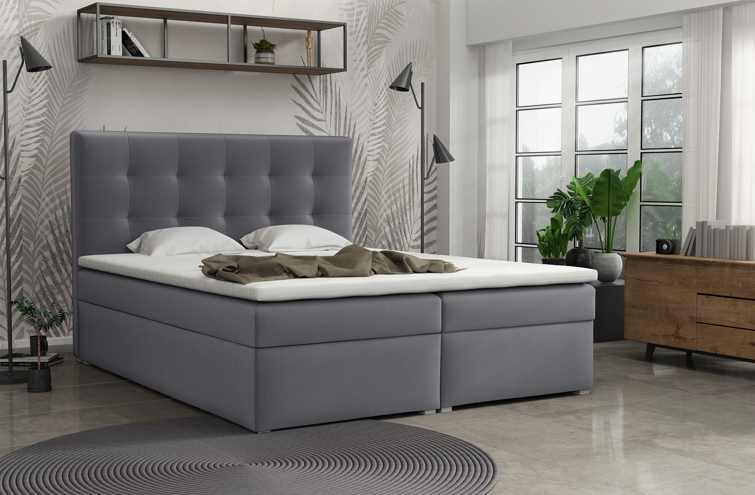 Łóżko kontynentalne 180x200 cm Nabbe z pojemnikami i topperem ciemnoszare welur