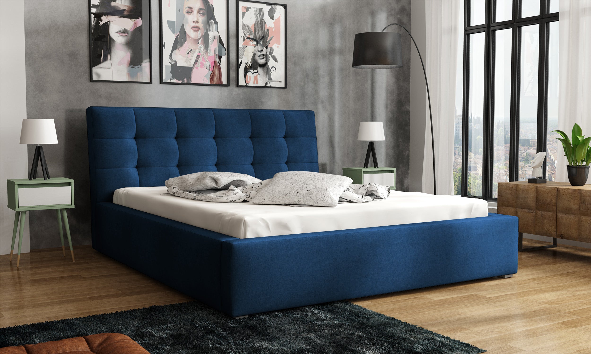 Łóżko tapicerowane 200x200 cm Nabbe z pojemnikiem granatowe velvet hydrofobowe