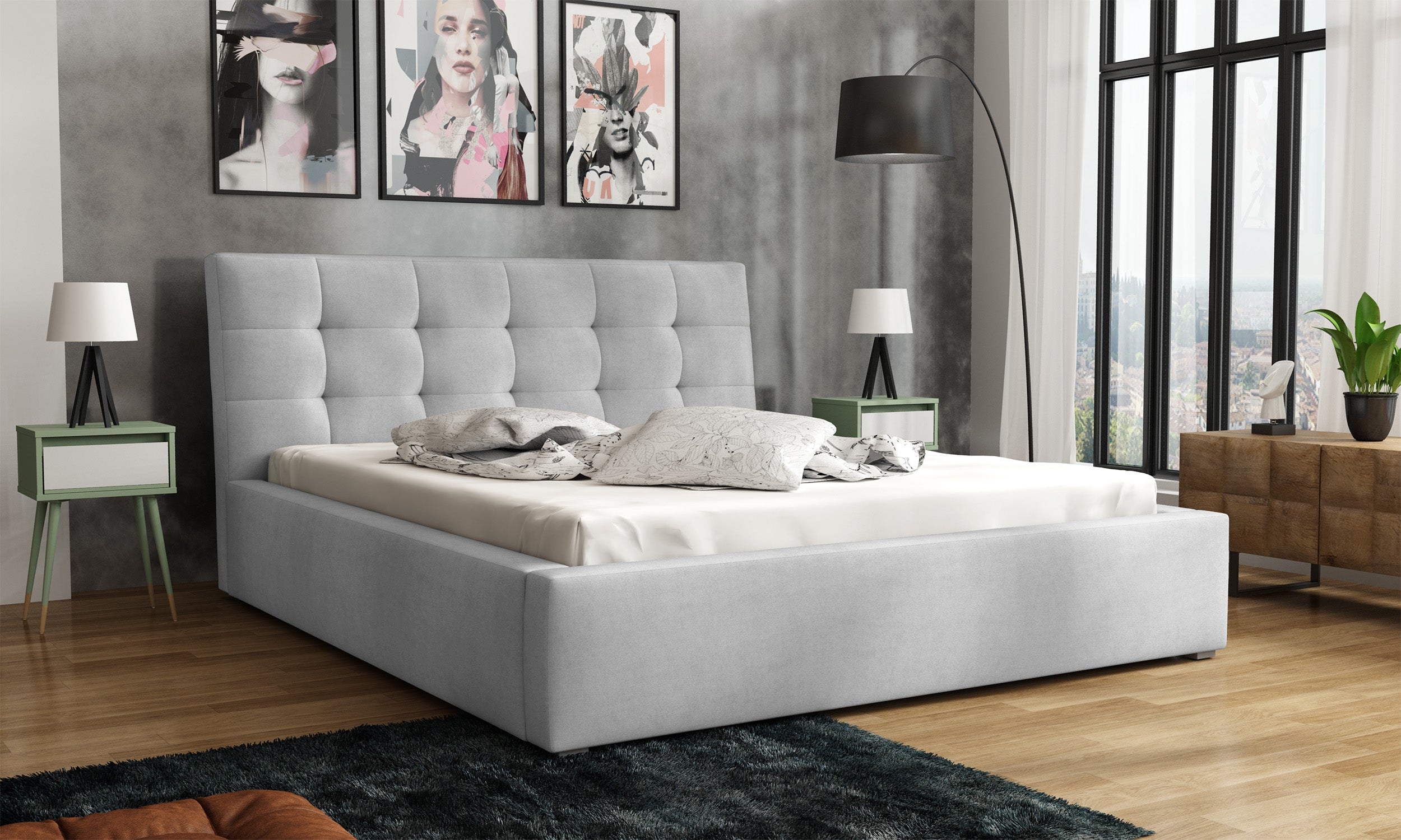 Łóżko tapicerowane 160x200 cm Nabbe jasnoszare velvet hydrofobowe