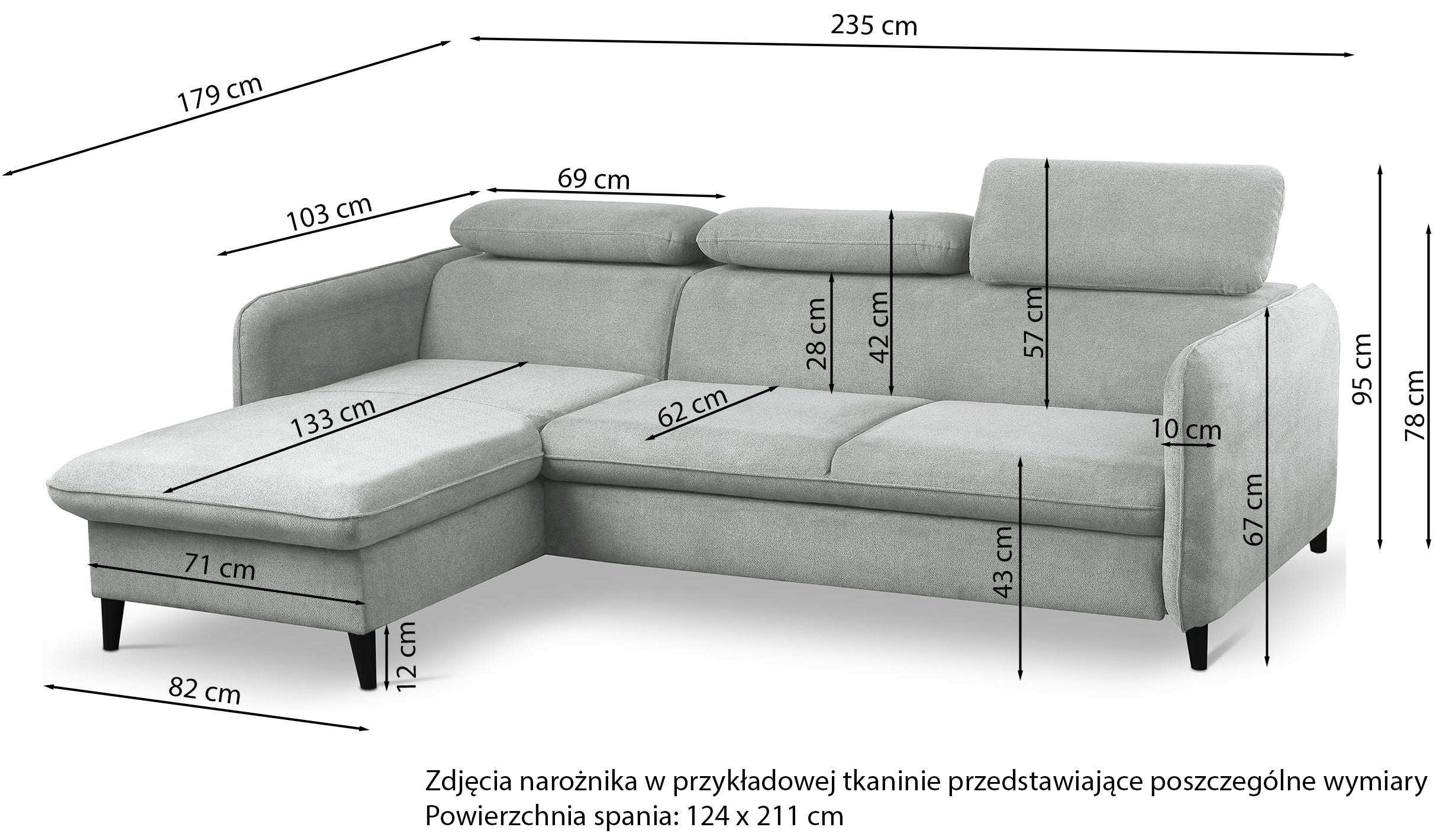 Narożnik z funkcją spania Drene L-kształtny prawostronny z regulowanymi zagłówkami i pojemnikiem beżowy szenil hydrofobowy