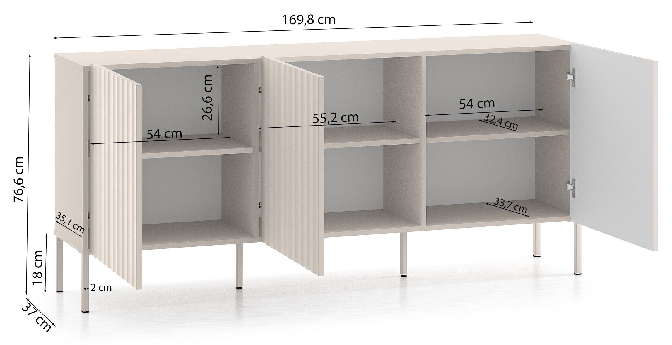 Komoda trzydrzwiowa Derriva z ryflowanymi frontami 170 cm kaszmir