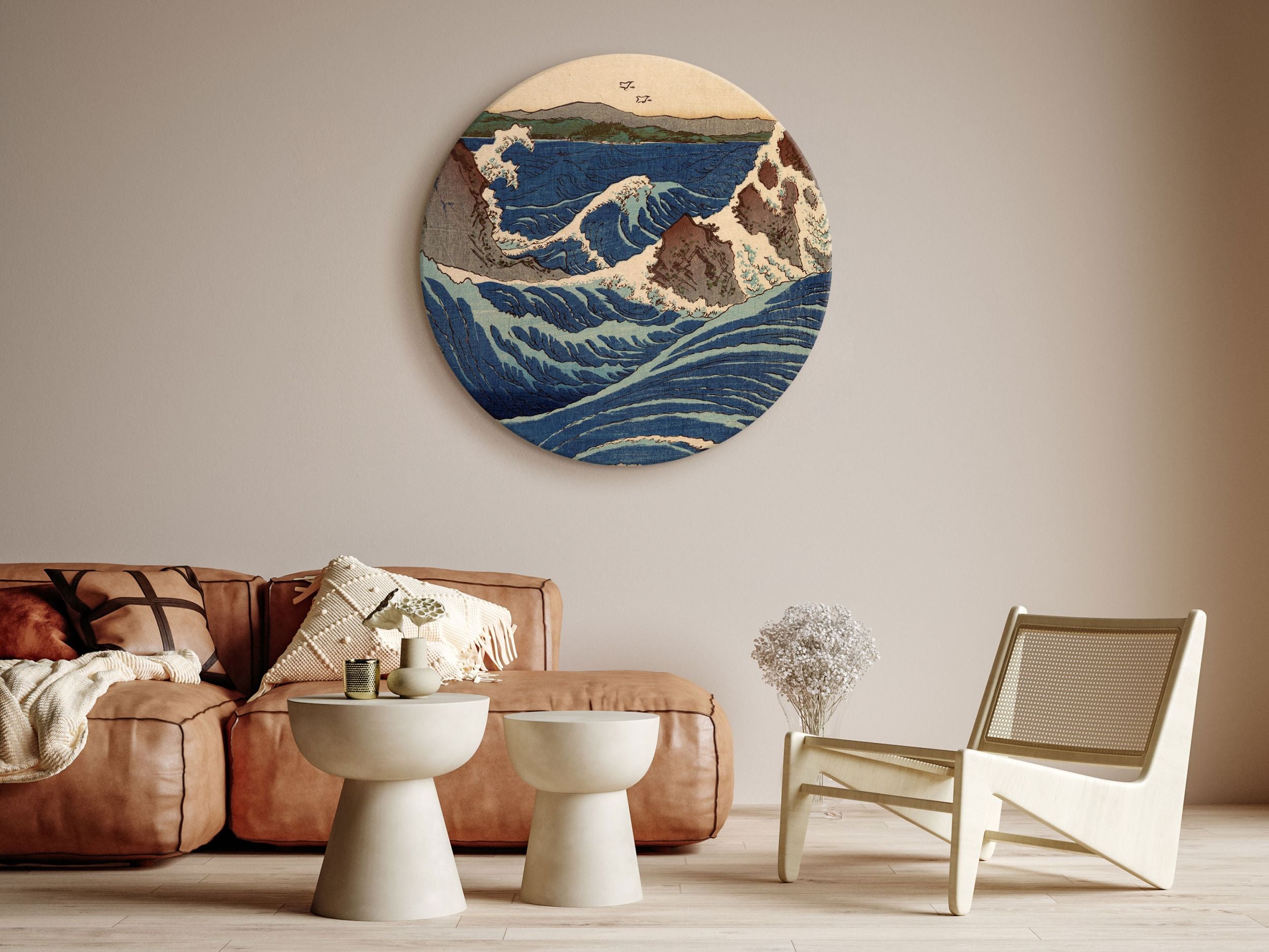Obraz okrągły Drzeworyt japoński Utagawa Hiroshige wielka niebieska fala średnica 60 cm