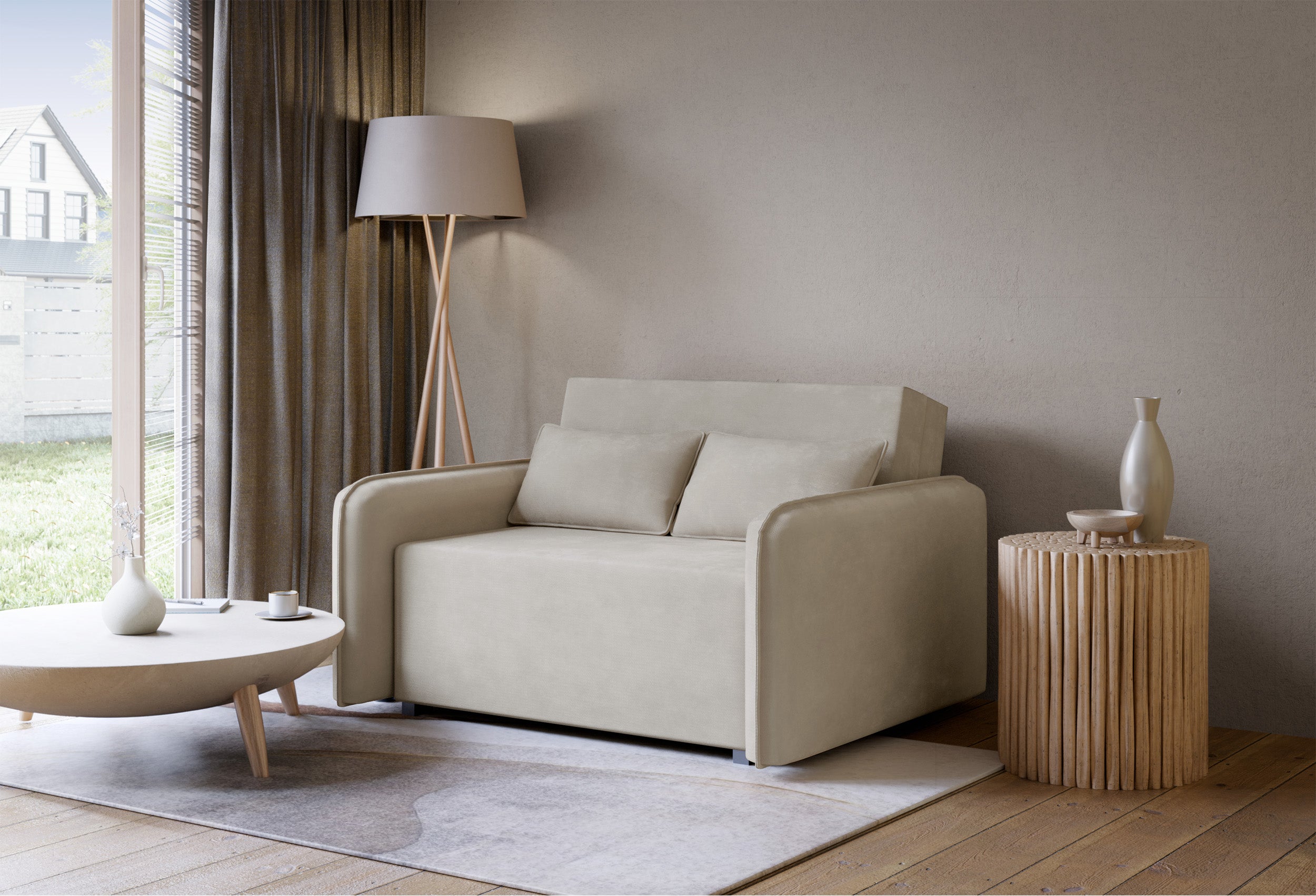 Kanapa rozkładana dwuosobowa Duelia z pojemnikiem beżowa szenil hydrofobowy