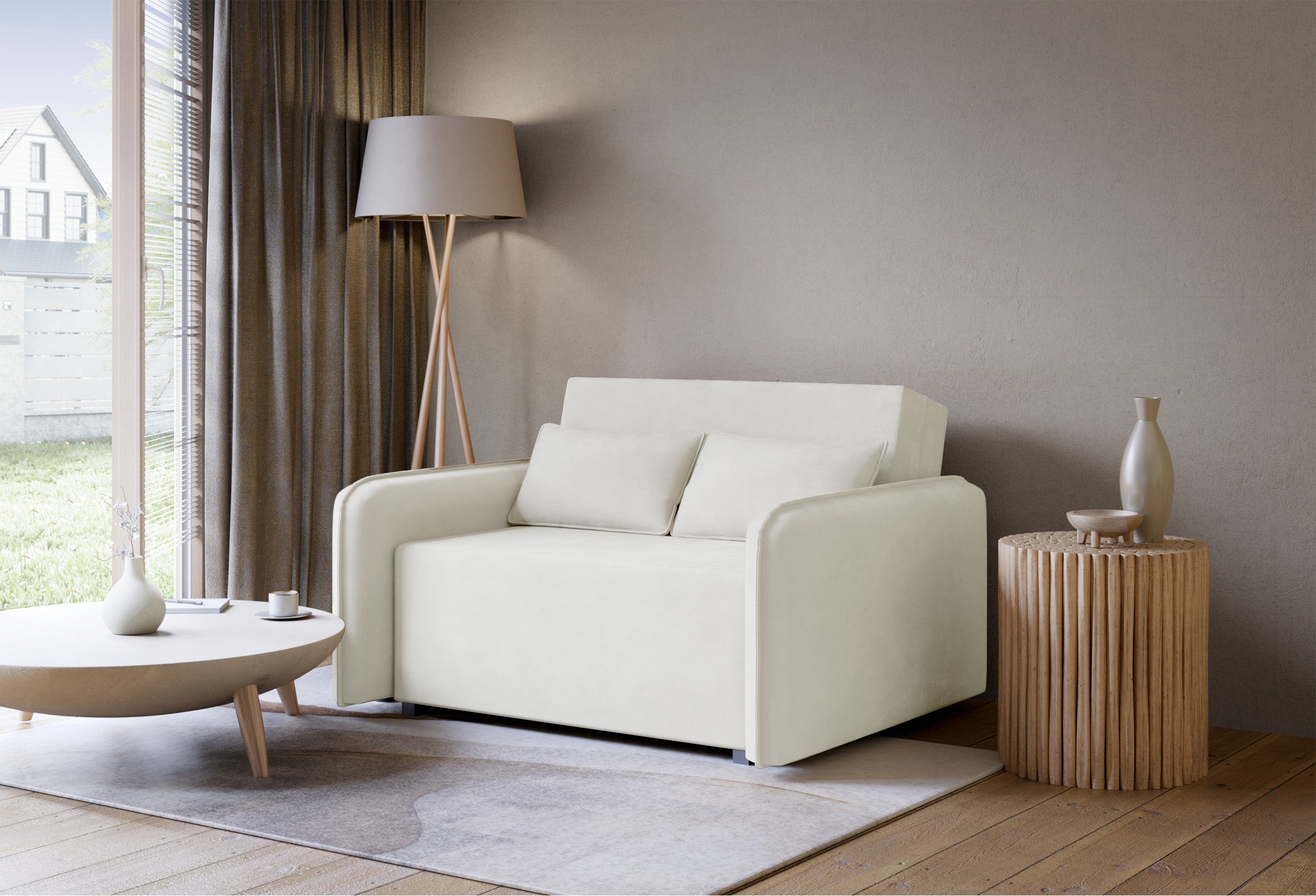 Kanapa rozkładana dwuosobowa Duelia z pojemnikiem kremowa szenil hydrofobowy