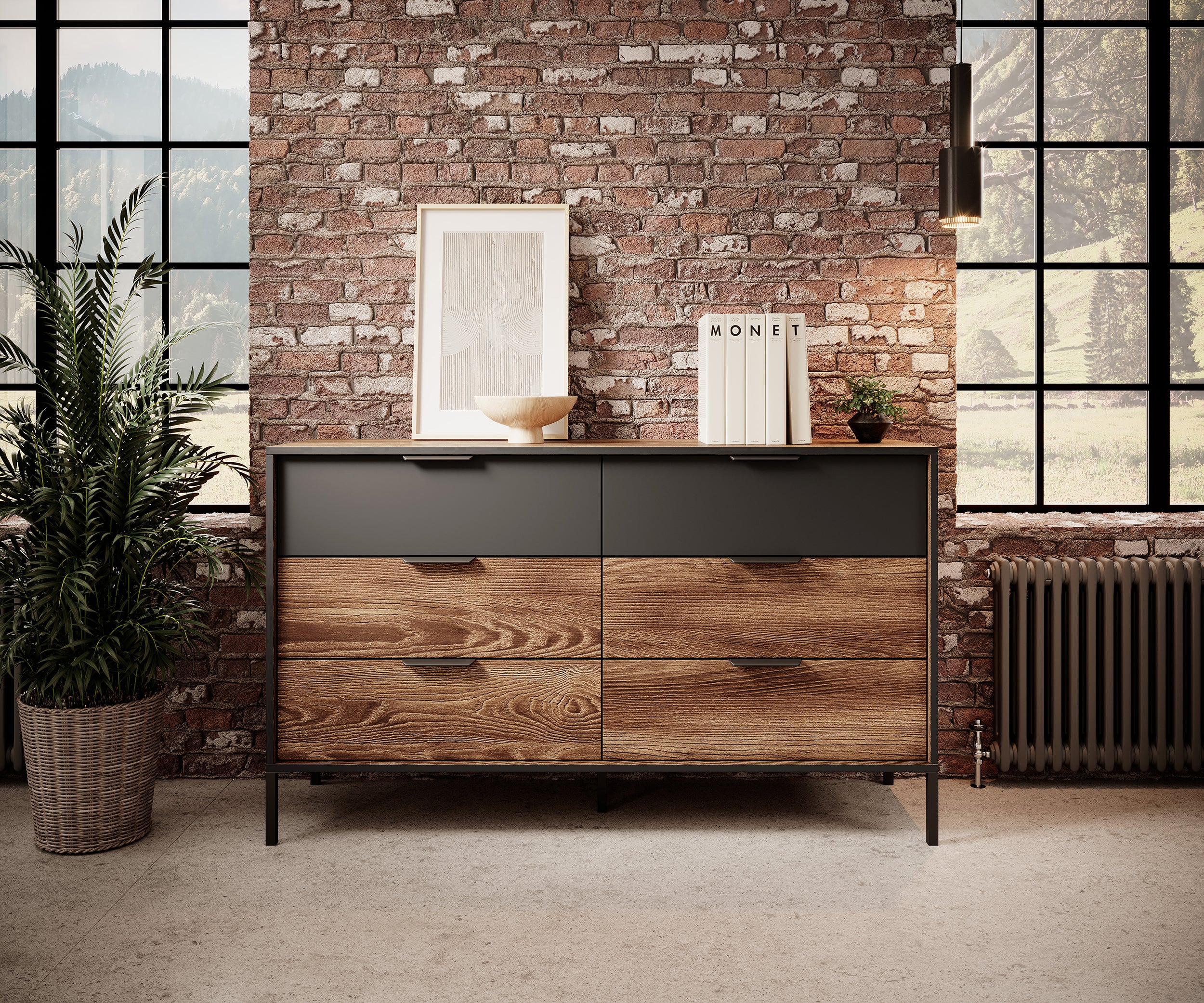 Komoda Jorget 137cm z sześcioma szufladami kasztan/antracyt