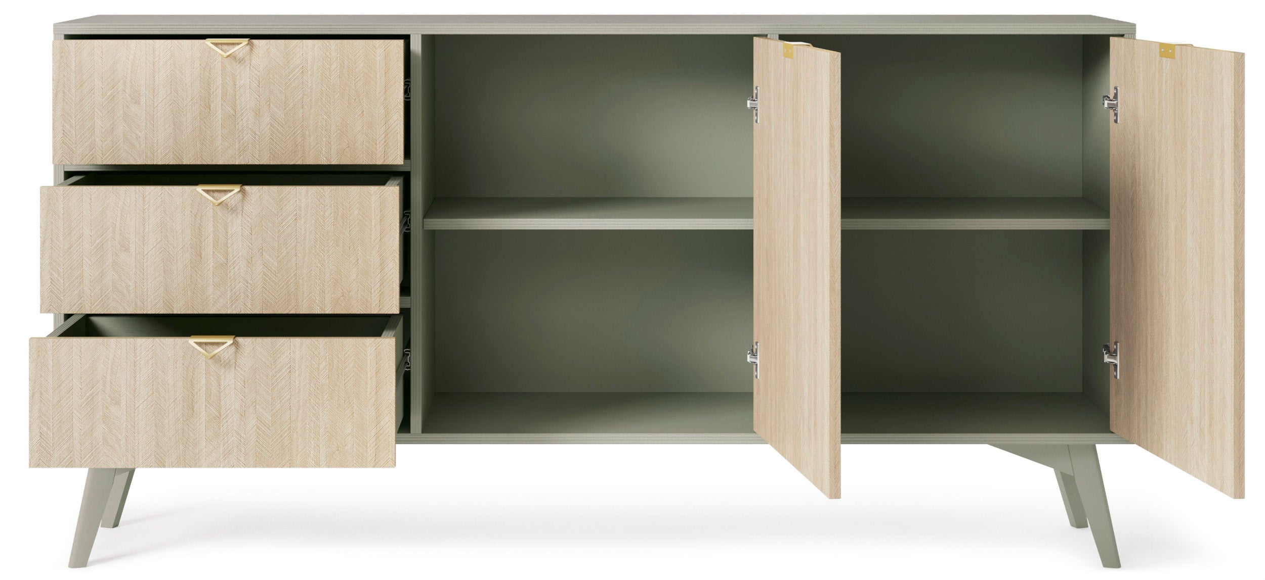 Komoda Favoria dwudrzwiowa z szufladami 158 cm eukaliptus/jodełka scandi ze złotymi uchwytami