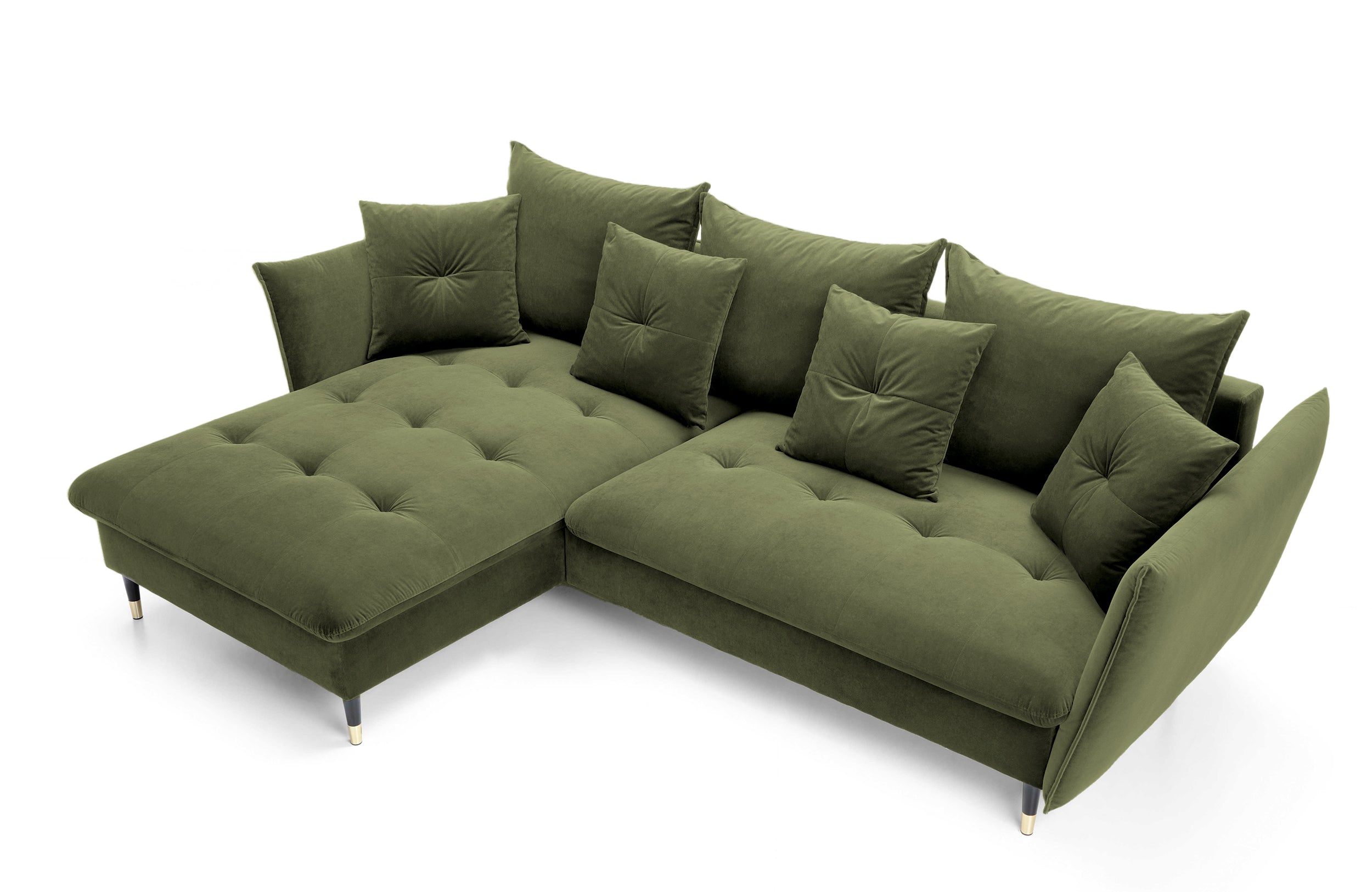 Narożnik z funkcją spania Balze L-kształtny z pojemnikiem oliwkowy velvet hydrofobowy lewostronny