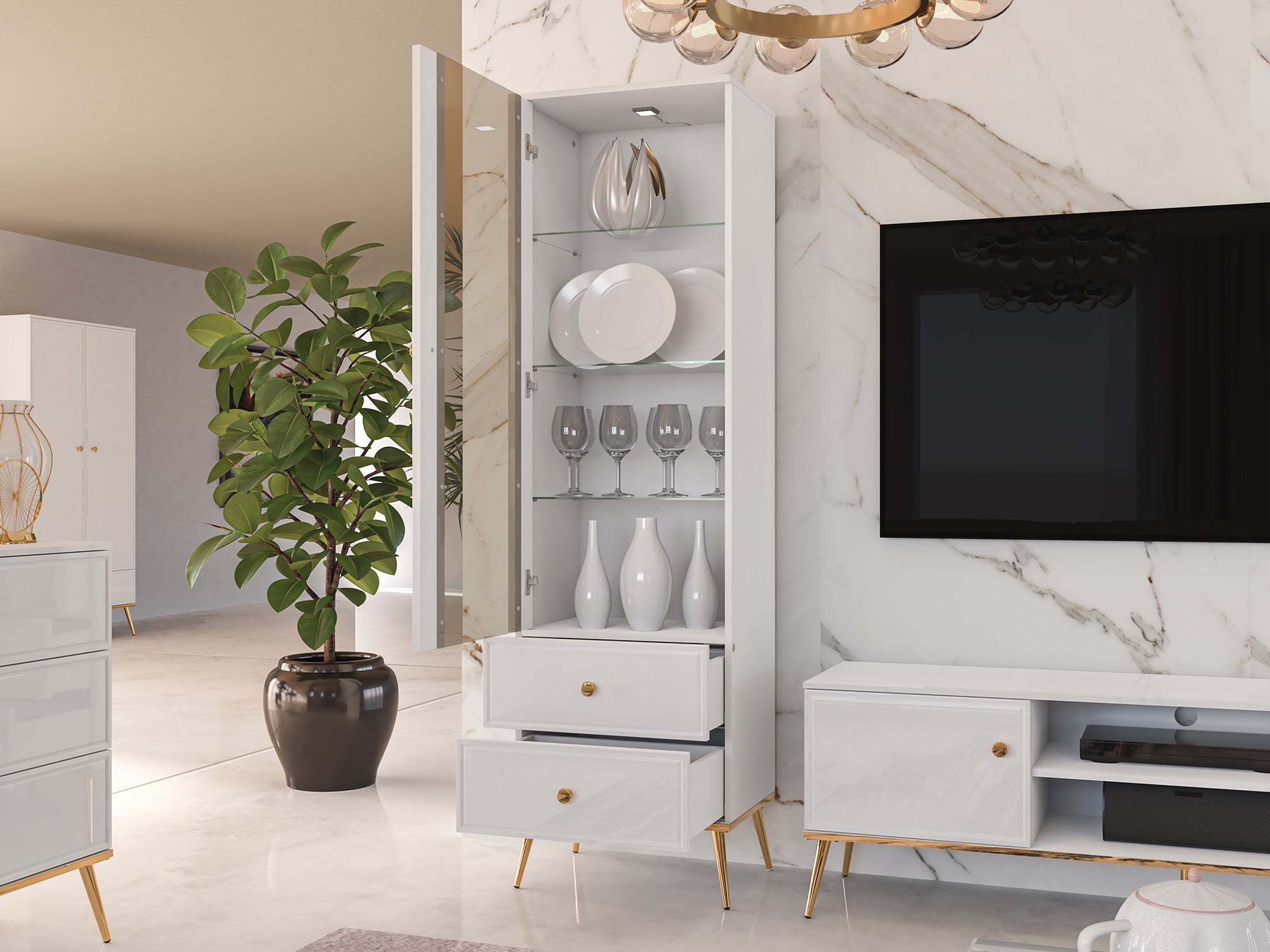 Witryna jednodrzwiowa Darrby 55 cm z dwiema szufladami biała/biały połysk ze złotymi nogami z led