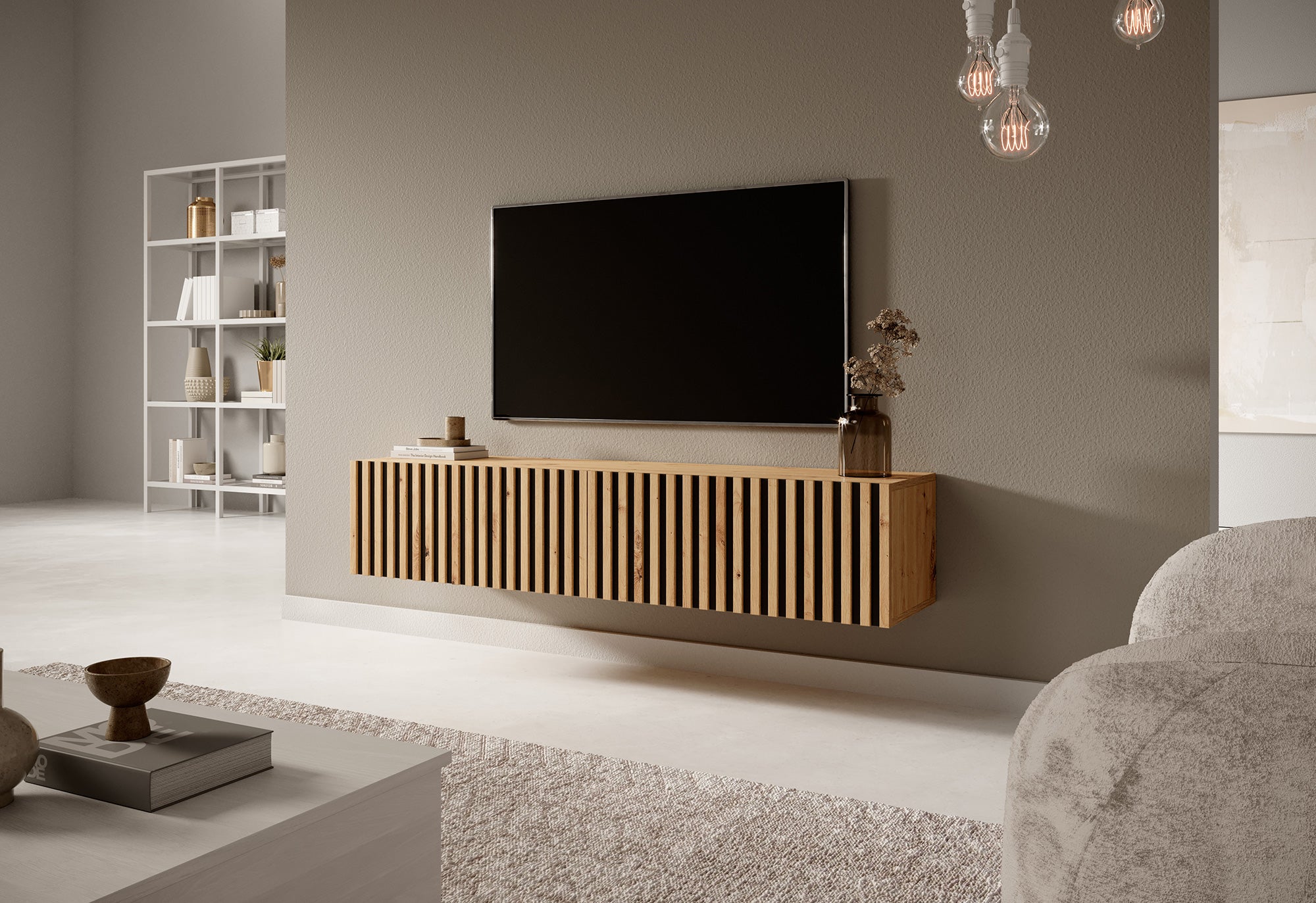Szafka RTV Telire 138,6 cm dąb artisan z lamelowym frontem i czarnymi wstawkami