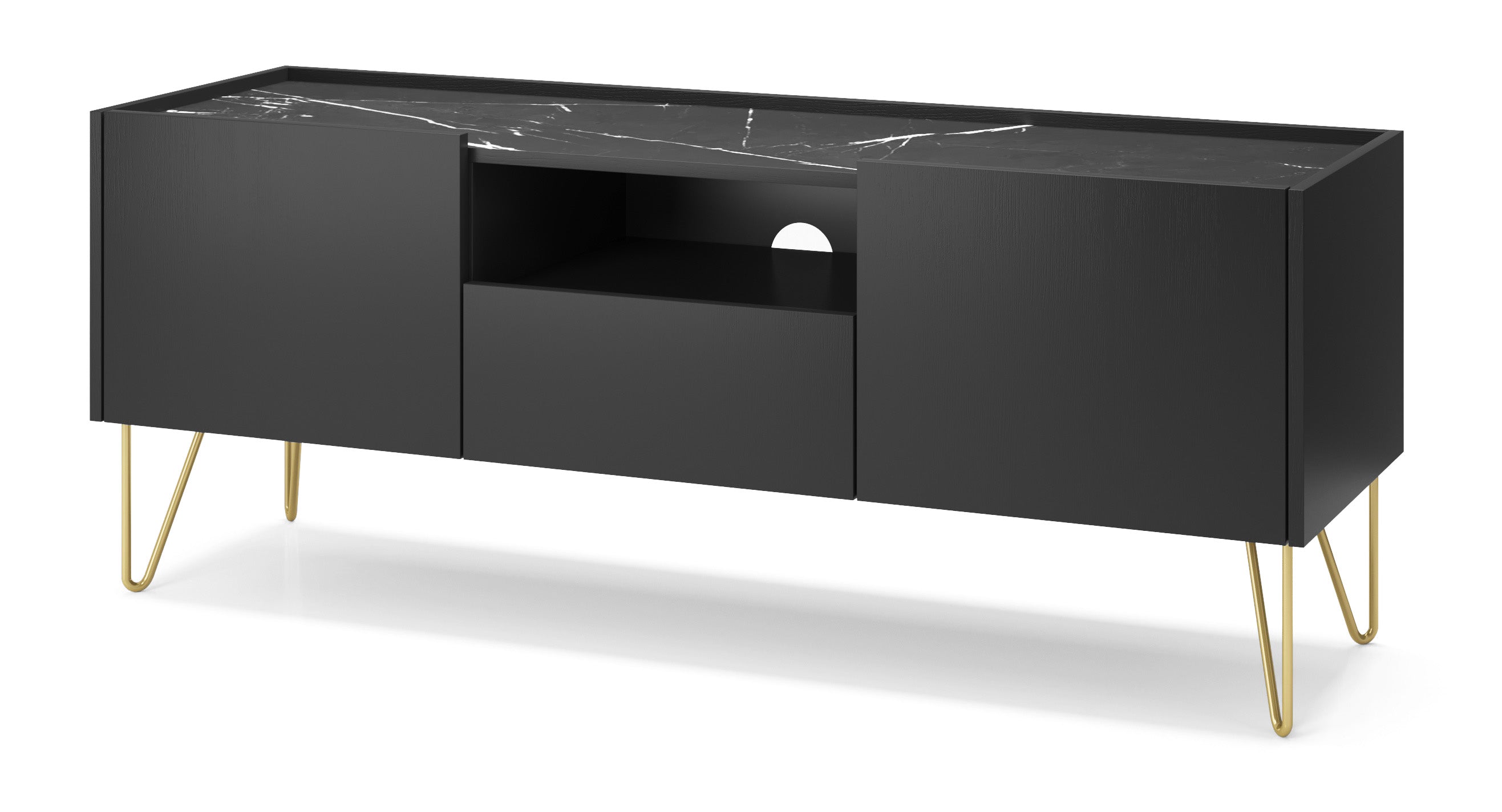 Szafka RTV Dohana z szufladą ze złotymi nogami 144 cm Czarny/Czarny marmur