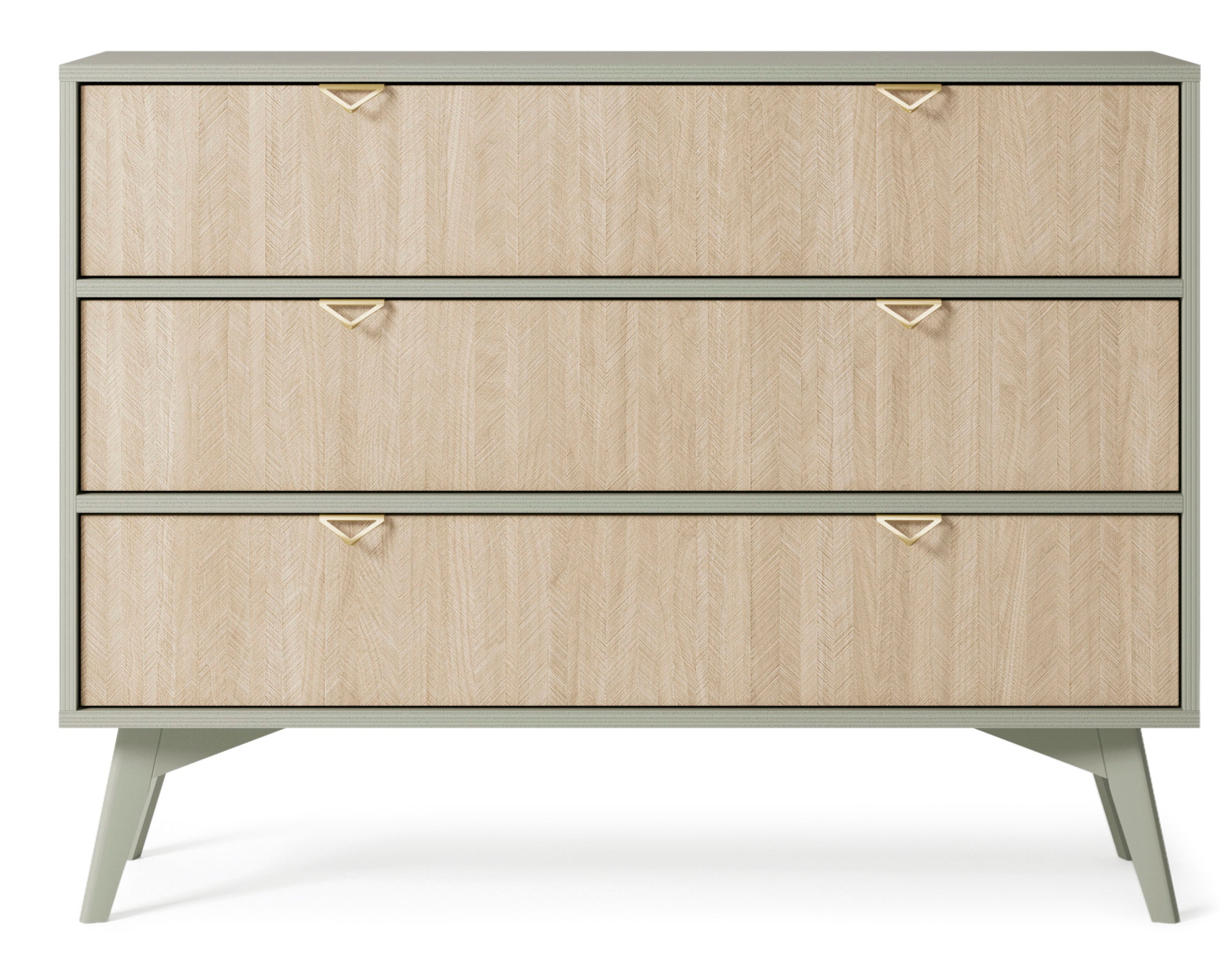 Komoda Favoria z szufladami 106 cm eukaliptus/jodełka scandi ze złotymi uchwytami