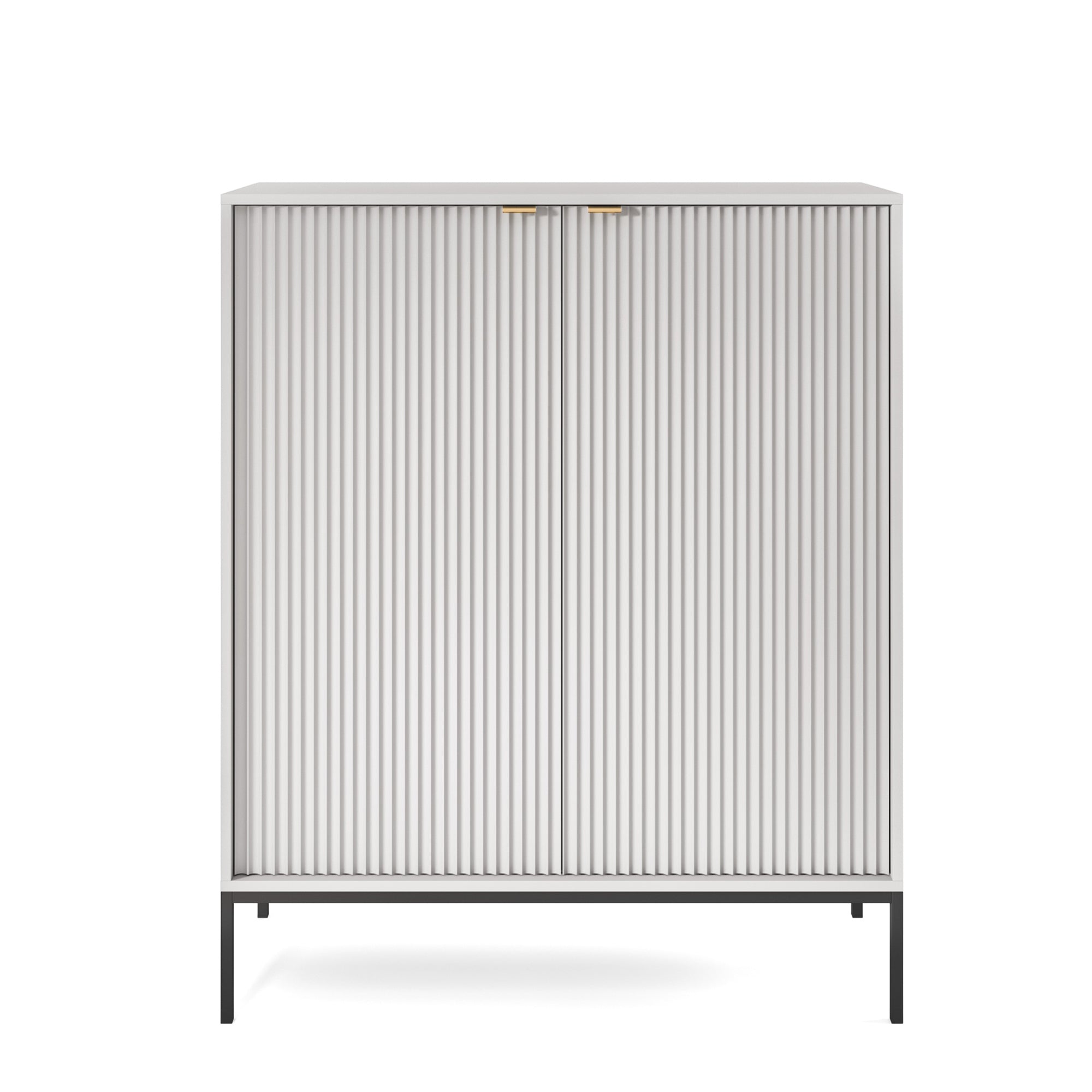 Komoda wysoka Vellore szara z ryflowanymi frontami i złotymi uchwytami