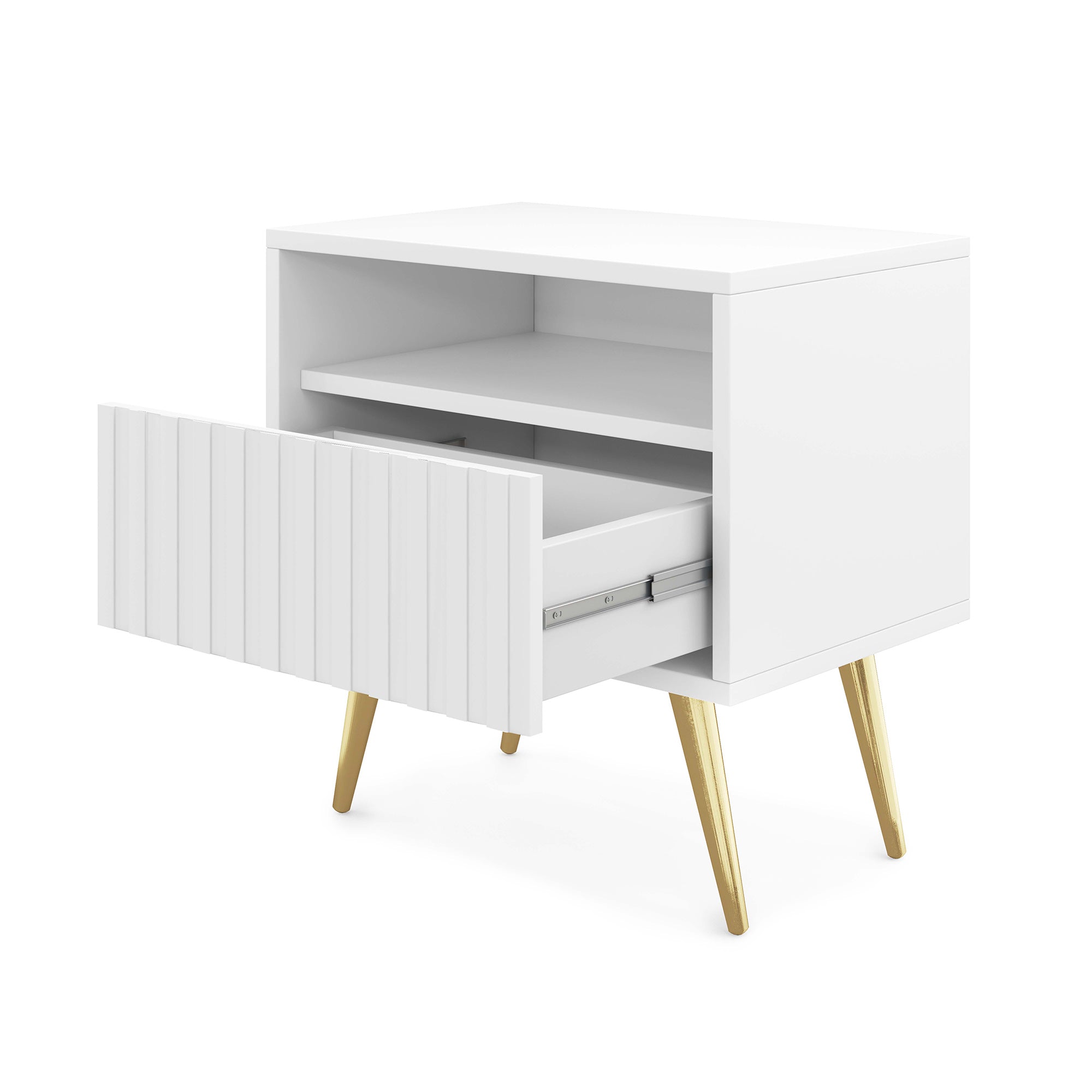 Szafka nocna Bello z szufladą z lamelowym frontem biała ze złotymi nogami