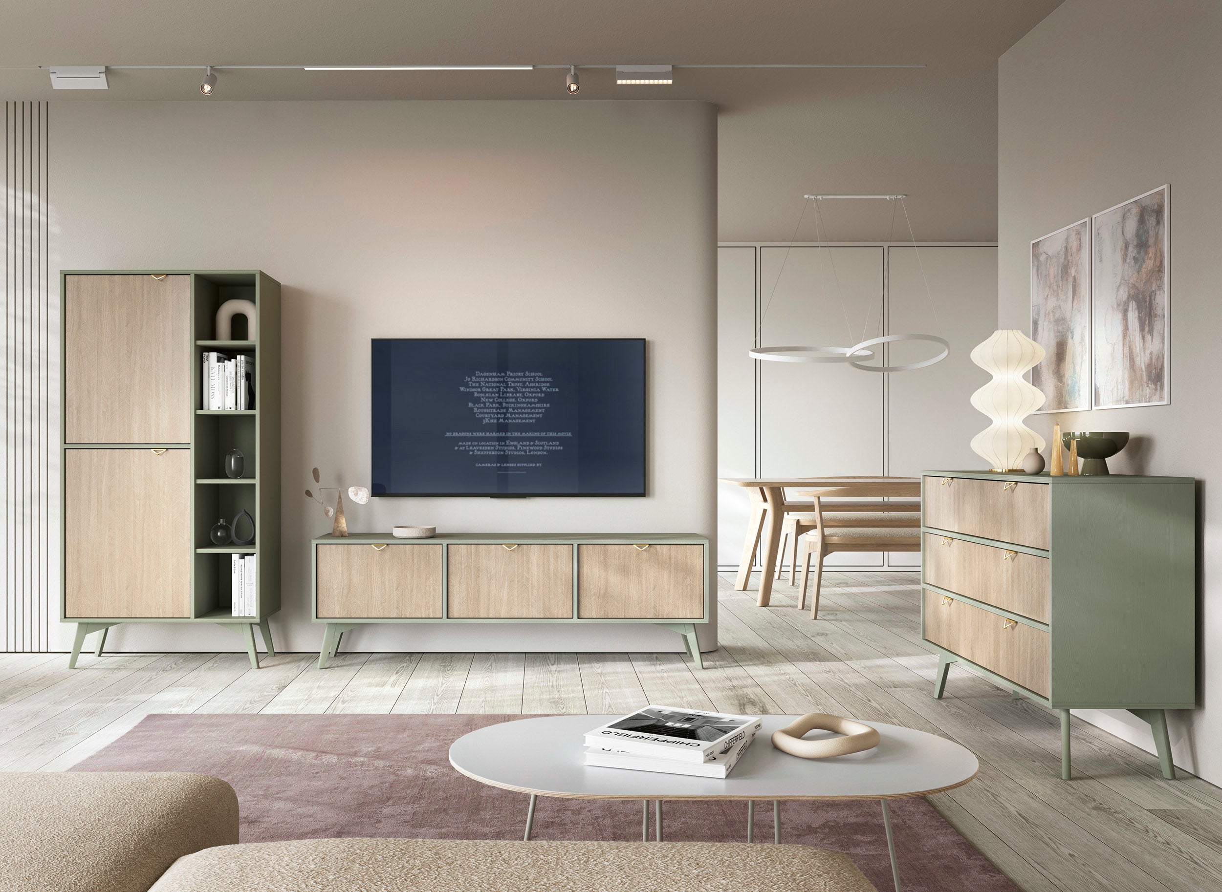 Komoda Favoria dwudrzwiowa z szufladami 158 cm eukaliptus/jodełka scandi ze złotymi uchwytami
