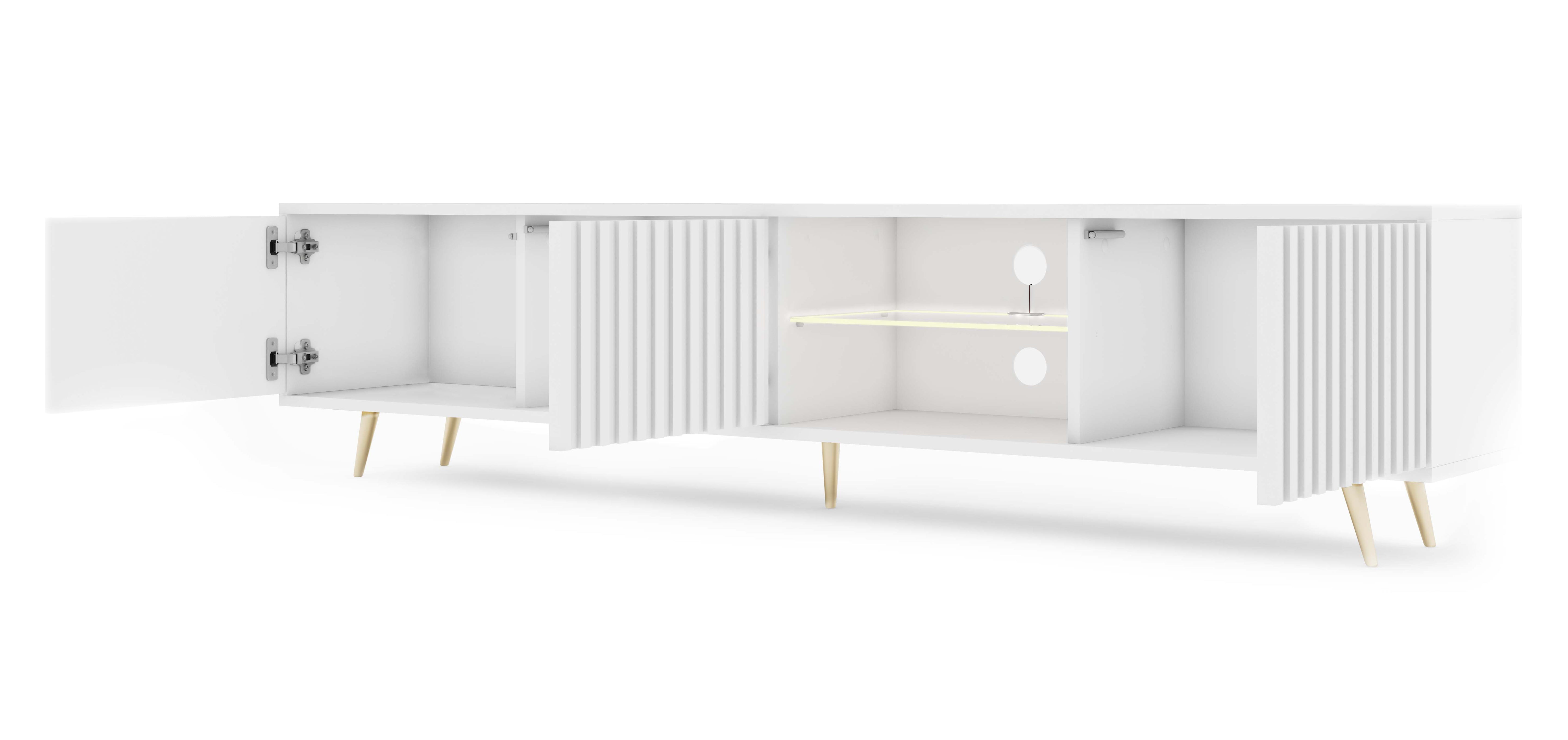 Szafka RTV Bello z lamelowymi frontami 175 cm biała z led ze złotymi nogami