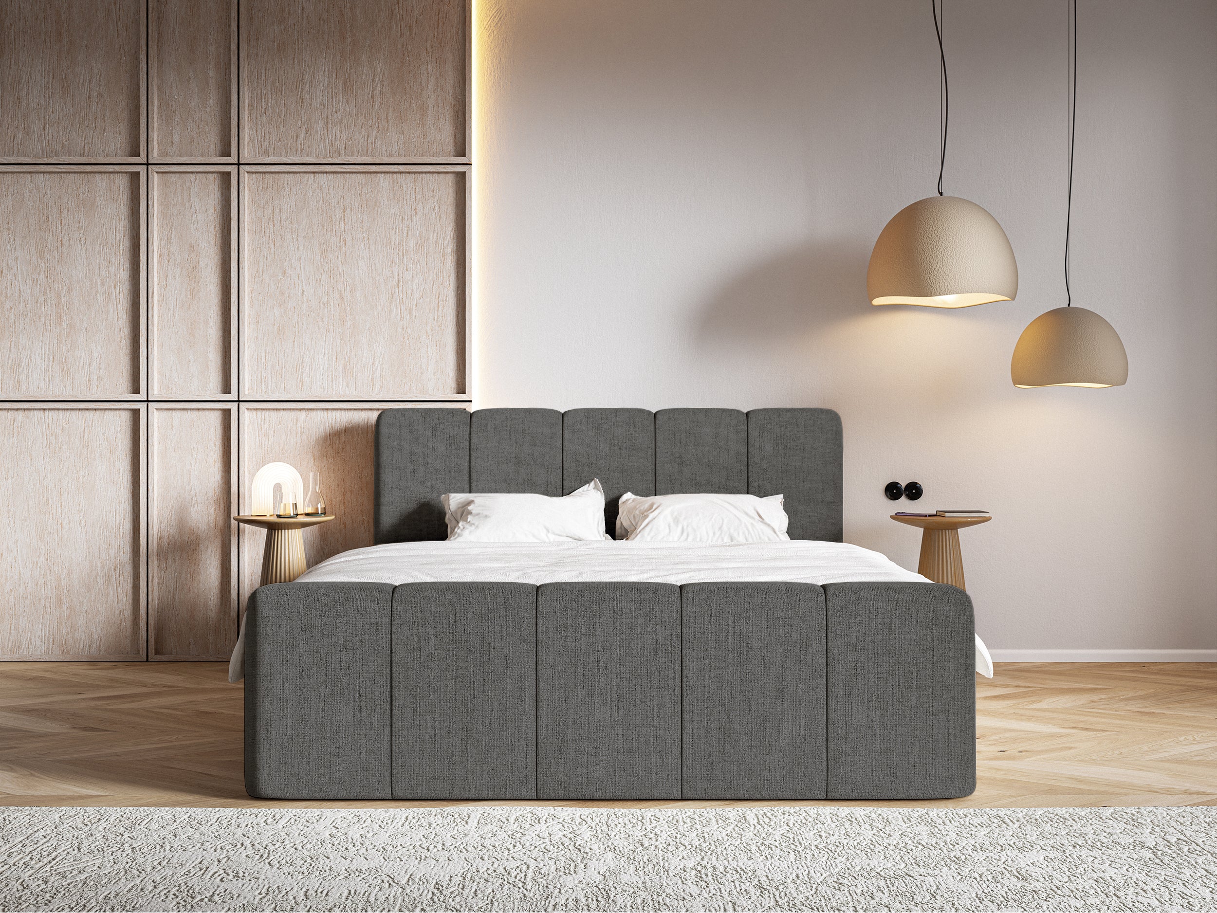 Łóżko kontynentalne 200x200 cm Cloudy II z pojemnikami i topperem ciemnoszare szenil hydrofobowy