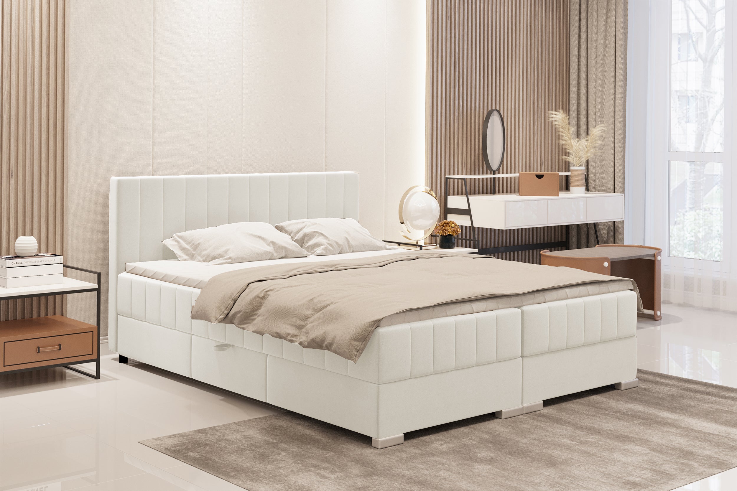 Łóżko kontynentalne 180x200 cm Libbiano z pojemnikami i topperem jasnobeżowe