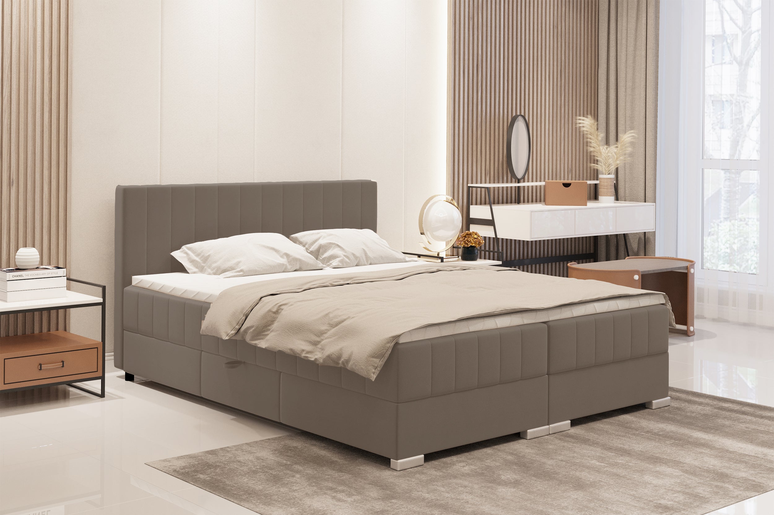 Łóżko kontynentalne 180x200 cm Libbiano z pojemnikami i topperem szarobeżowe