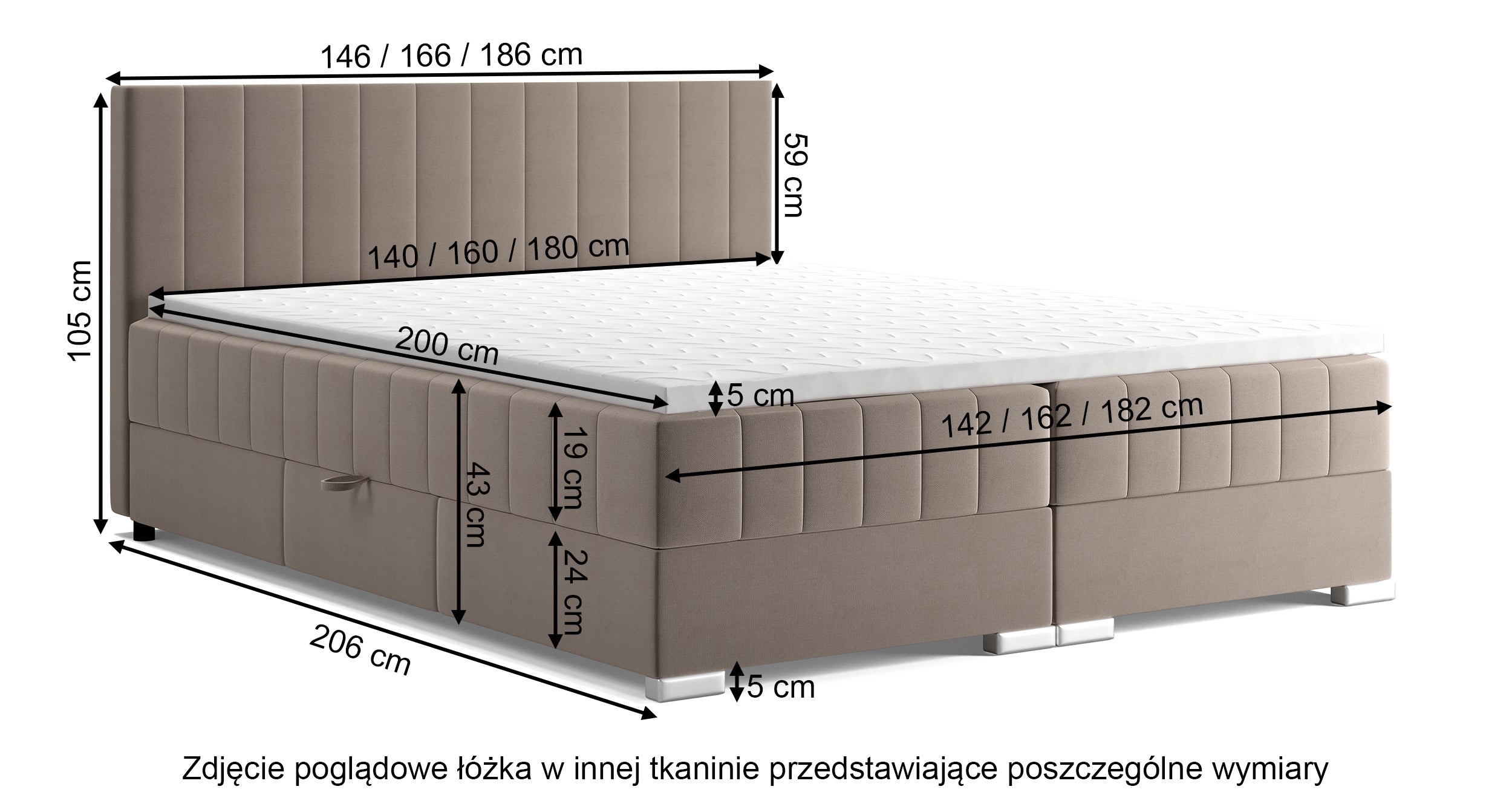 Łóżko kontynentalne 160x200 cm Libbiano z pojemnikami i topperem jasnoszare