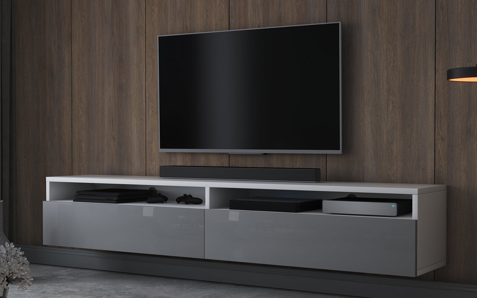 Szafka RTV Rednaw 180 cm Biały mat / Szary połysk