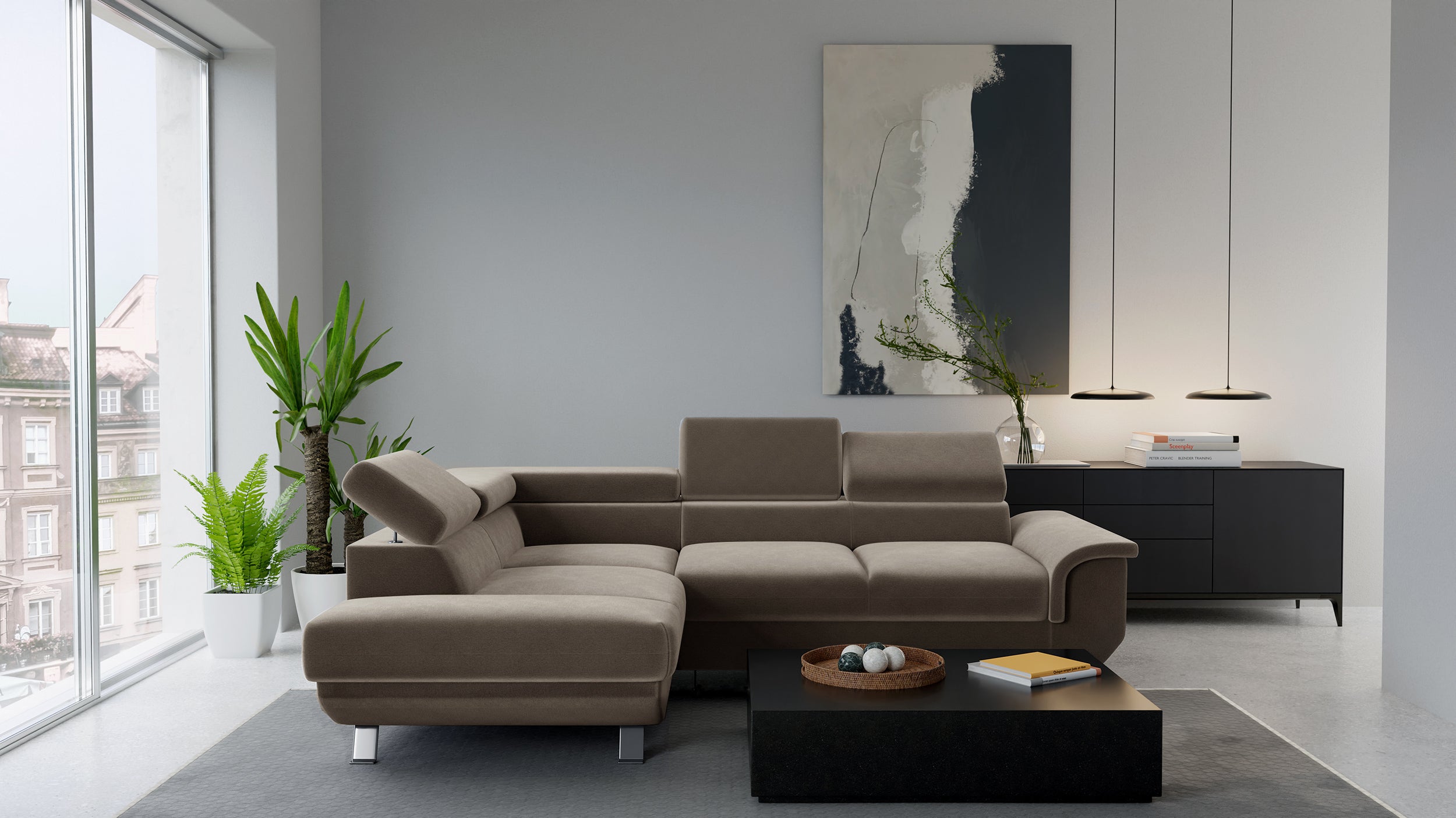 Narożnik z funkcją spania Carenero L-kształtny z pojemnikiem i regulowanymi zagłówkami beżowy welur hydrofobowy lewostronny