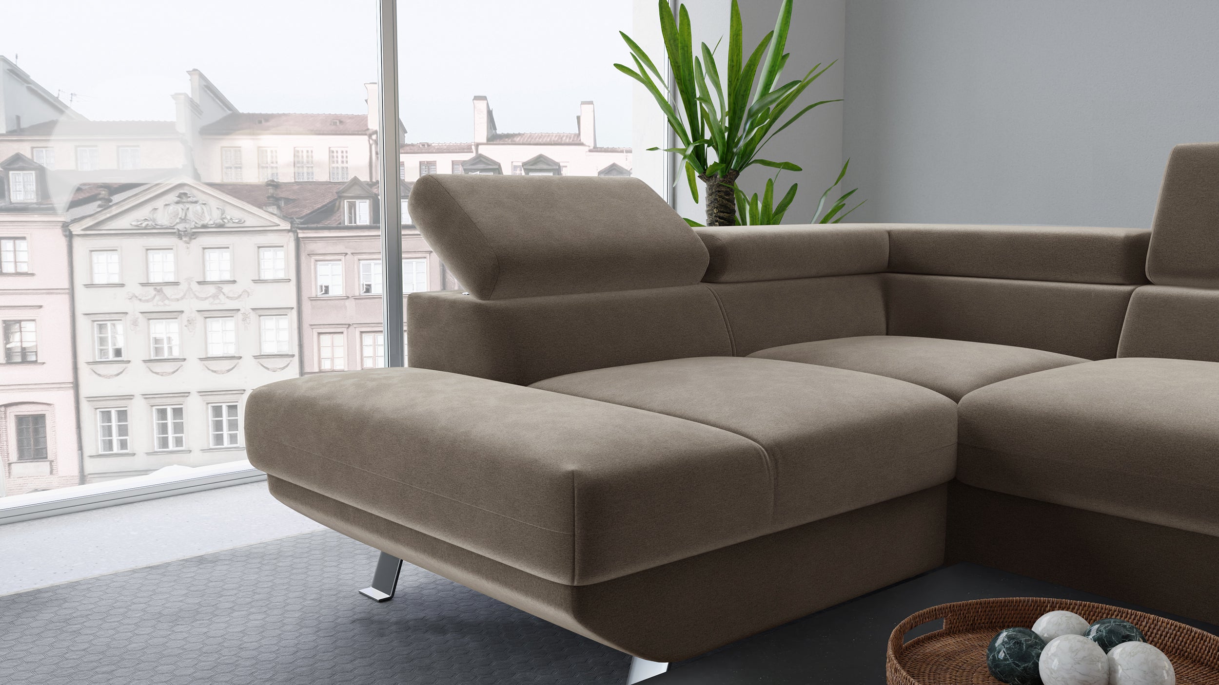 Narożnik z funkcją spania Carenero L-kształtny z pojemnikiem i regulowanymi zagłówkami beżowy welur hydrofobowy lewostronny