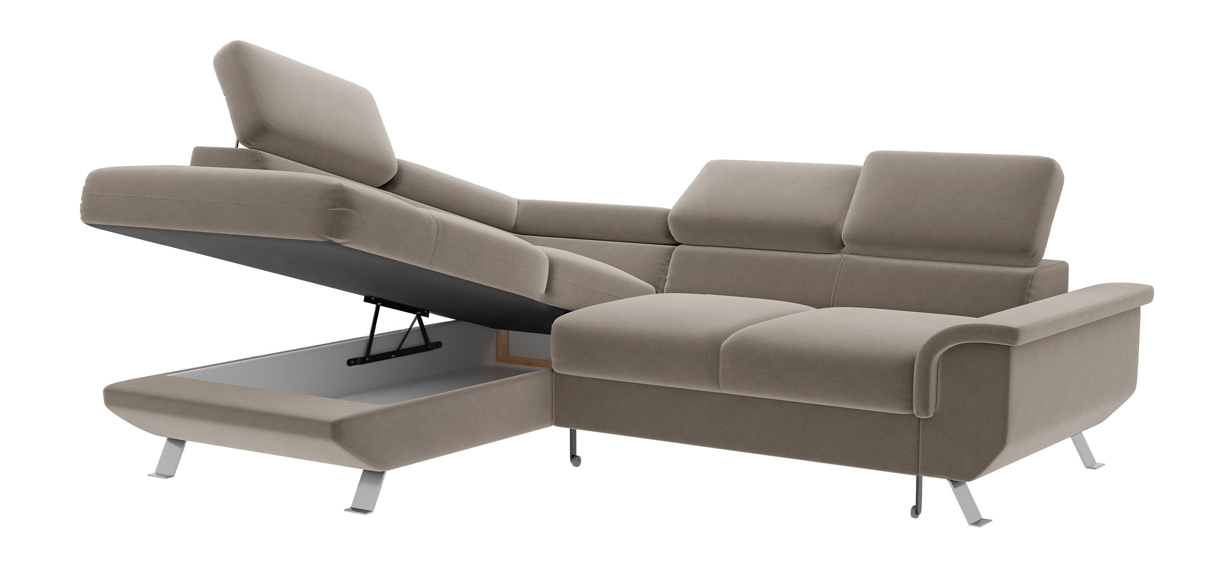 Narożnik z funkcją spania Carenero L-kształtny z pojemnikiem i regulowanymi zagłówkami beżowy welur hydrofobowy lewostronny