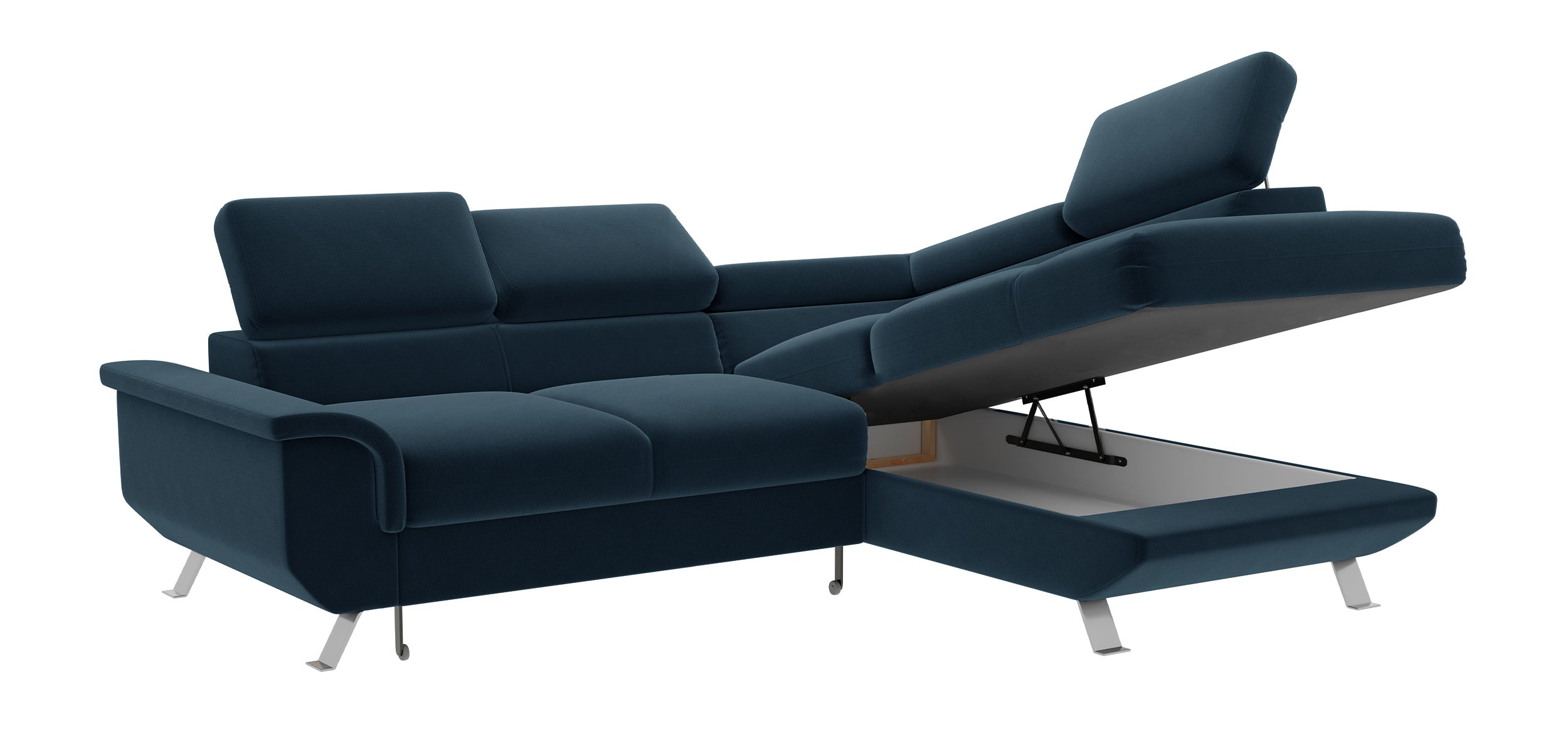 Narożnik z funkcją spania Carenero L-kształtny z pojemnikiem i regulowanymi zagłówkami granatowy welur hydrofobowy prawostronny