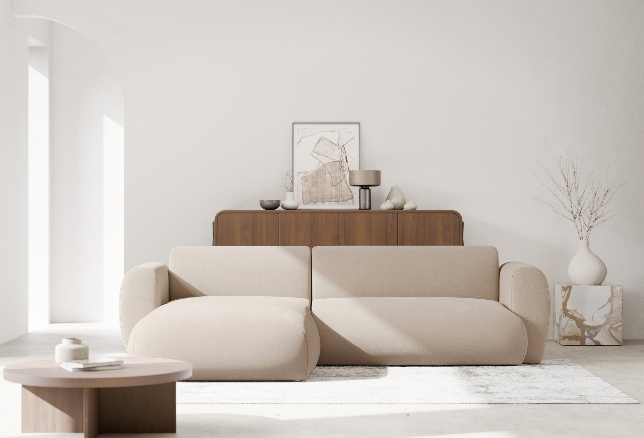 Narożnik z funkcją spania Emia L-kształtny lewostronny kremowy szenil łatwoczyszczący