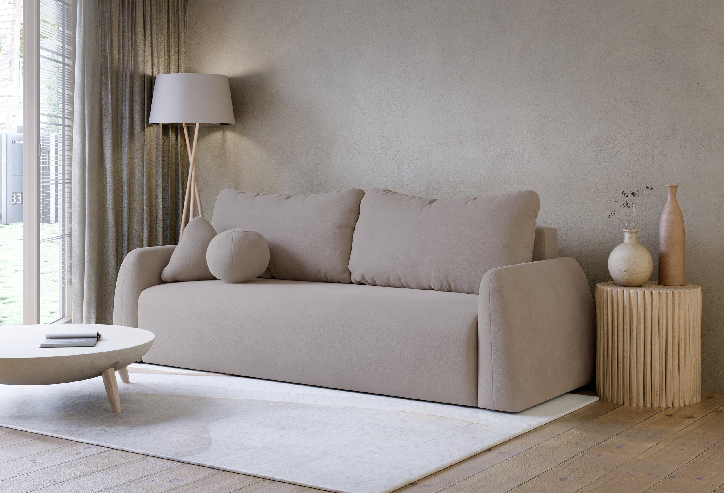 Kanapa rozkładana trzyosobowa Nubelle z pojemnikiem ciemnobeżowa szenil hydrofobowy