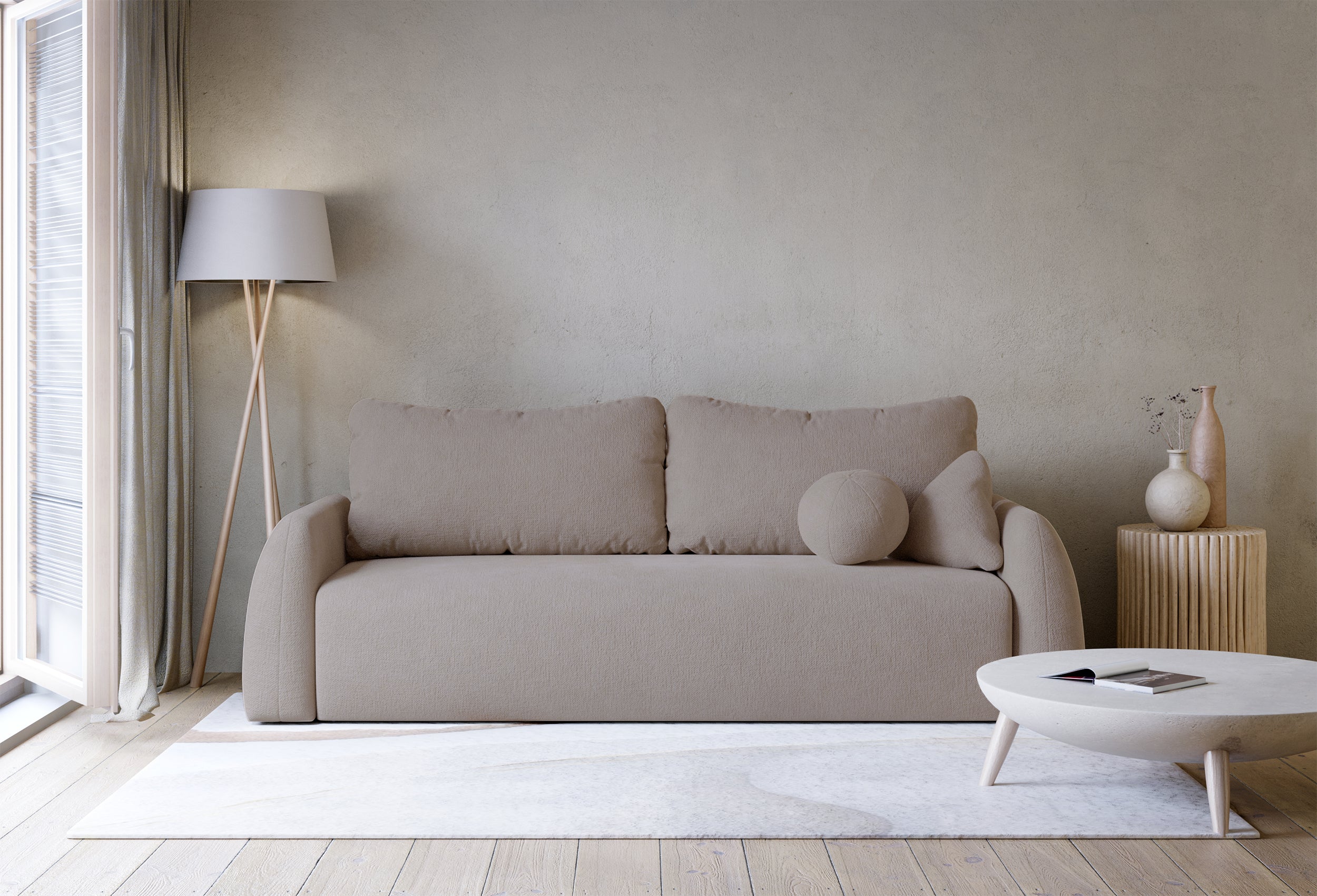 Kanapa rozkładana trzyosobowa Nubelle z pojemnikiem ciemnobeżowa szenil hydrofobowy