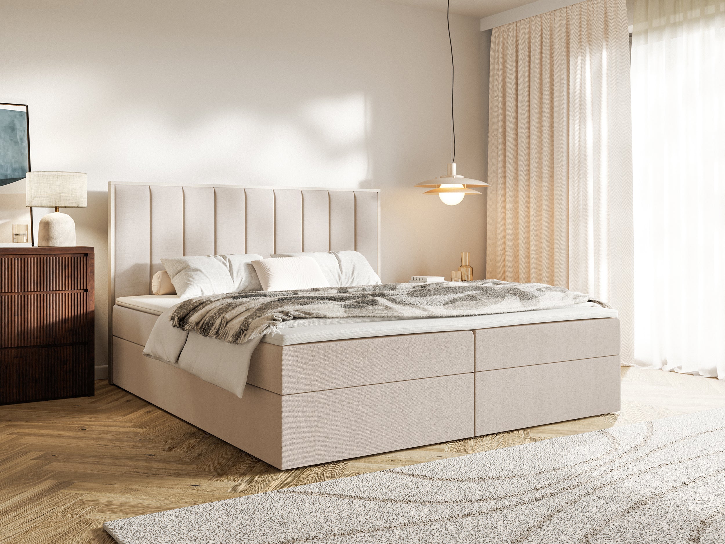 Łóżko kontynentalne 140x200 cm Togents z pojemnikami i topperem beżowe szenil hydrofobowy