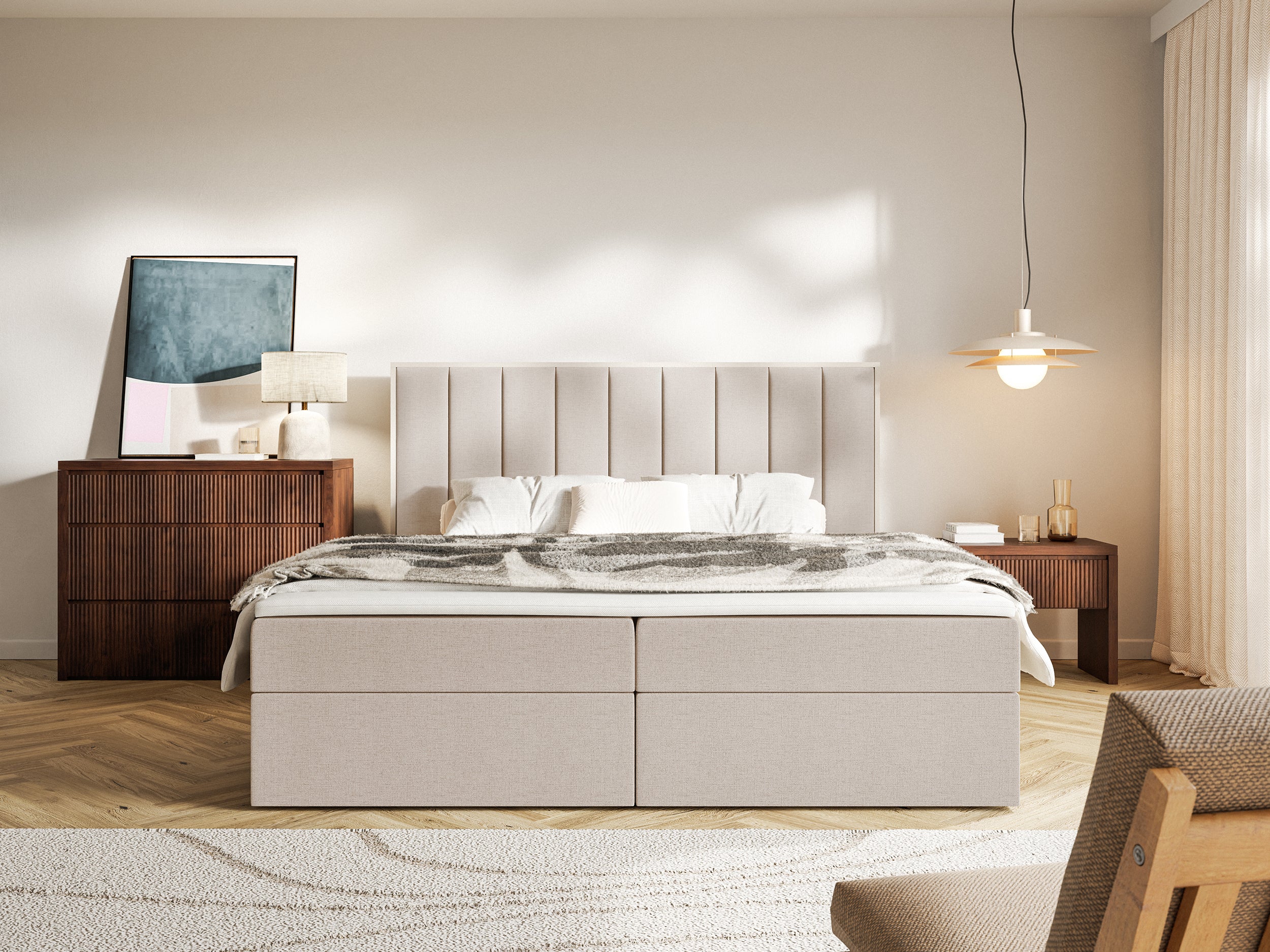 Łóżko kontynentalne 180x200 cm Togents z pojemnikami i topperem beżowe szenil hydrofobowy