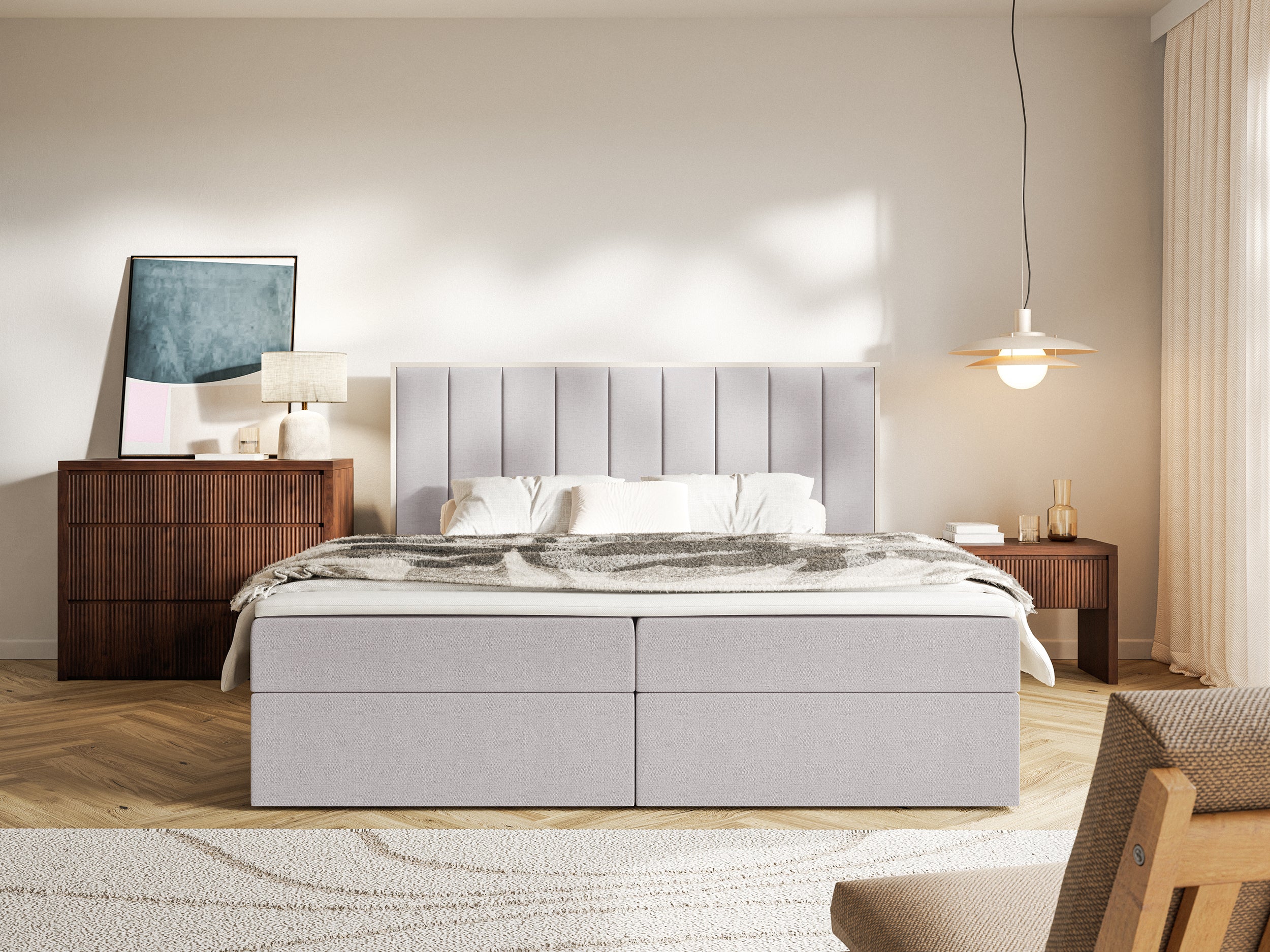 Łóżko kontynentalne 140x200 cm Togents z pojemnikami i topperem szare szenil hydrofobowy