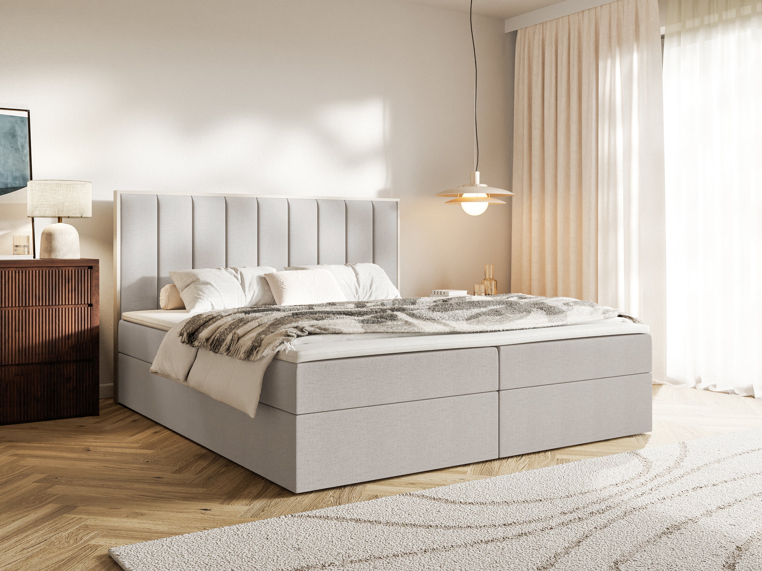 Łóżko kontynentalne 180x200 cm Togents z pojemnikami i topperem szarobeżowe szenil hydrofobowy