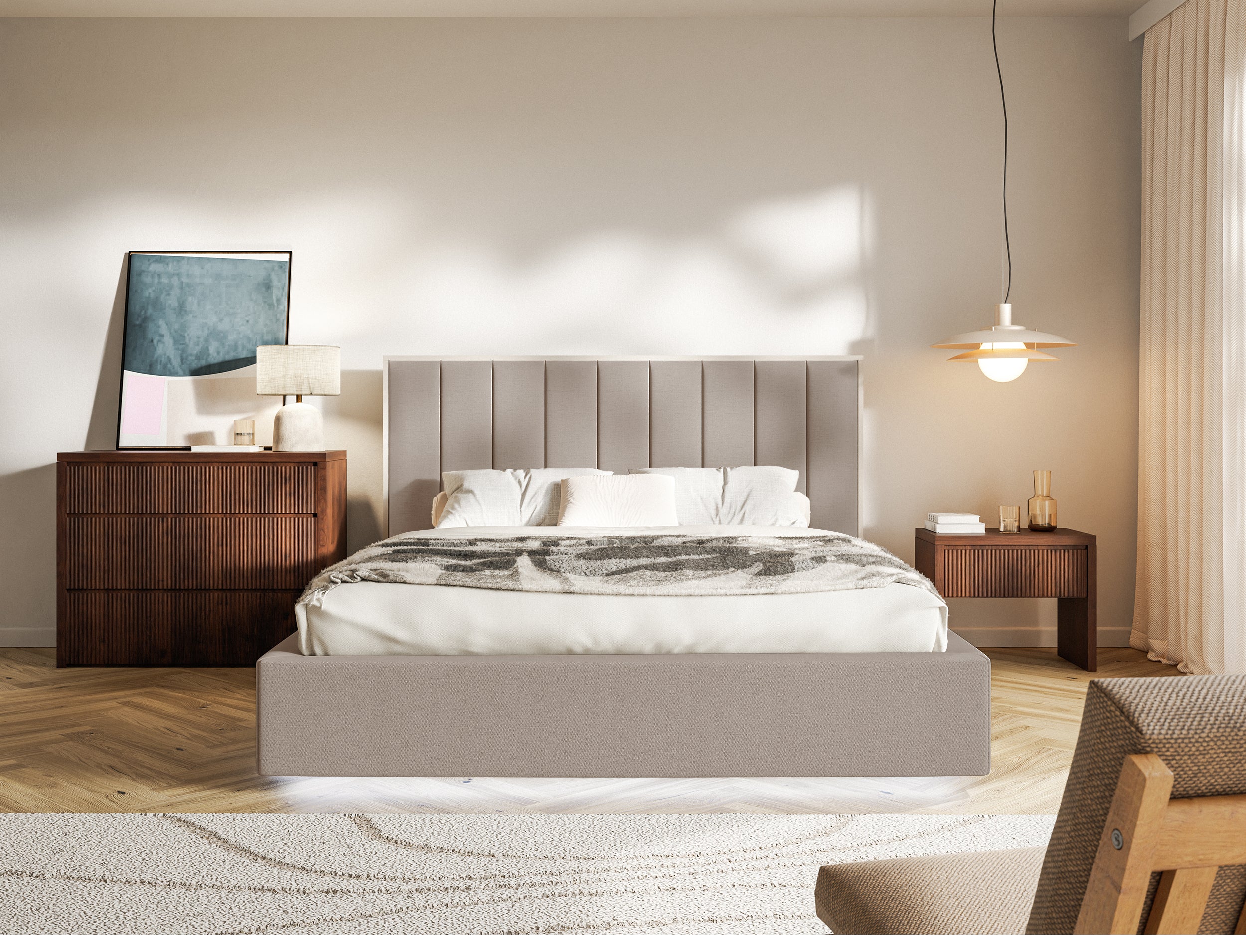Łóżko tapicerowane 180x200 cm Togents z pojemnikiem i oświetleniem LED stelaż metalowy brązowe szenil hydrofobowy