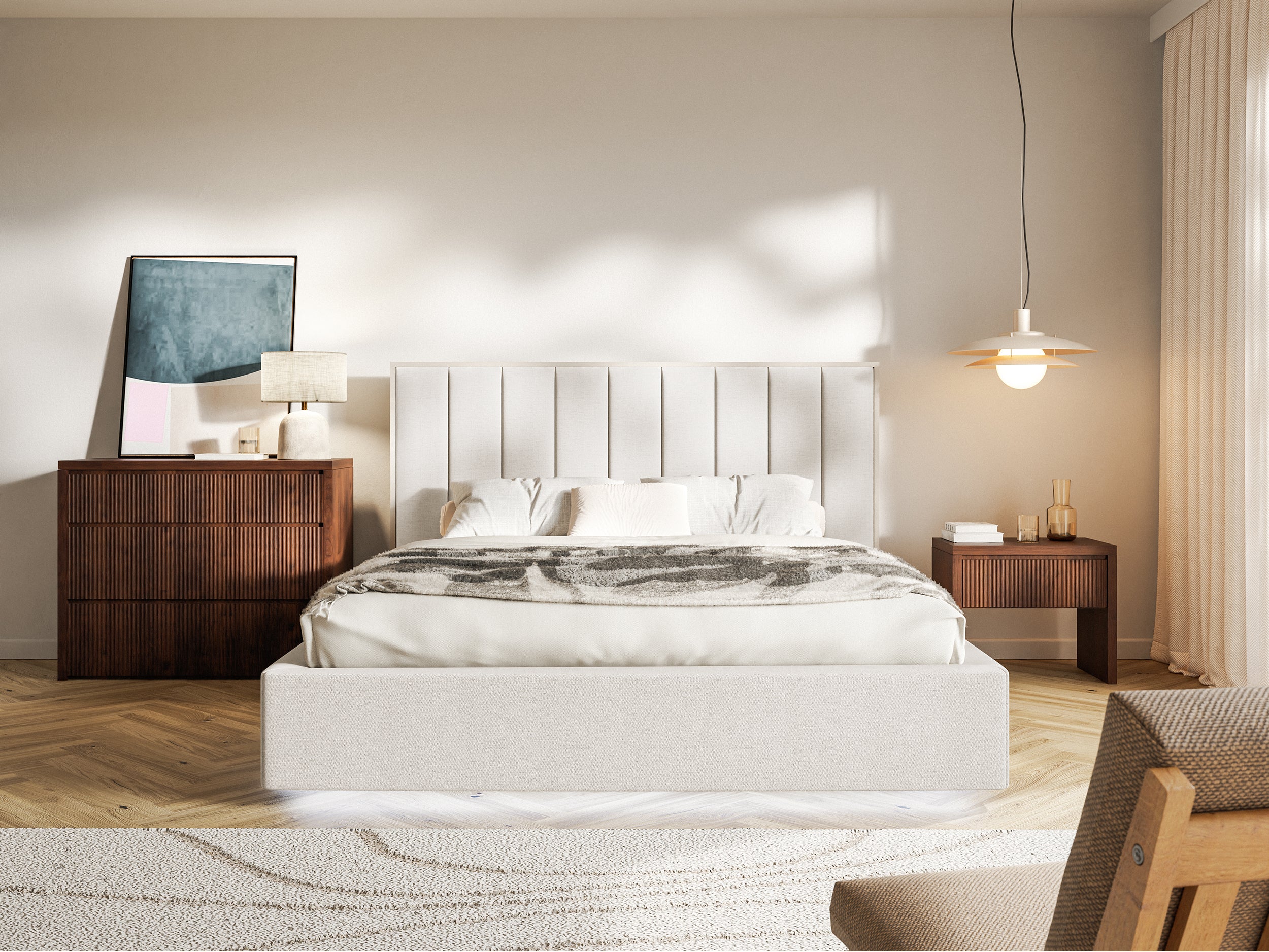 Łóżko tapicerowane 160x200 cm Togents z oświetleniem LED jasnobeżowe szenil hydrofobowy