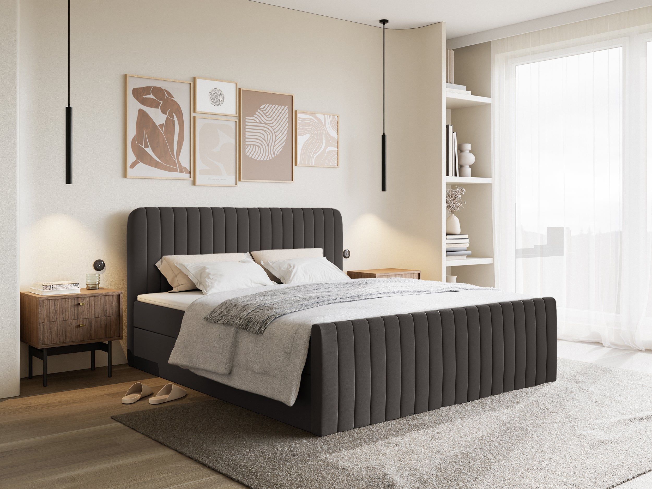 Łóżko kontynentalne 200x200 cm Saliano z pojemnikami i topperem grafitowe szenil hydrofobowy